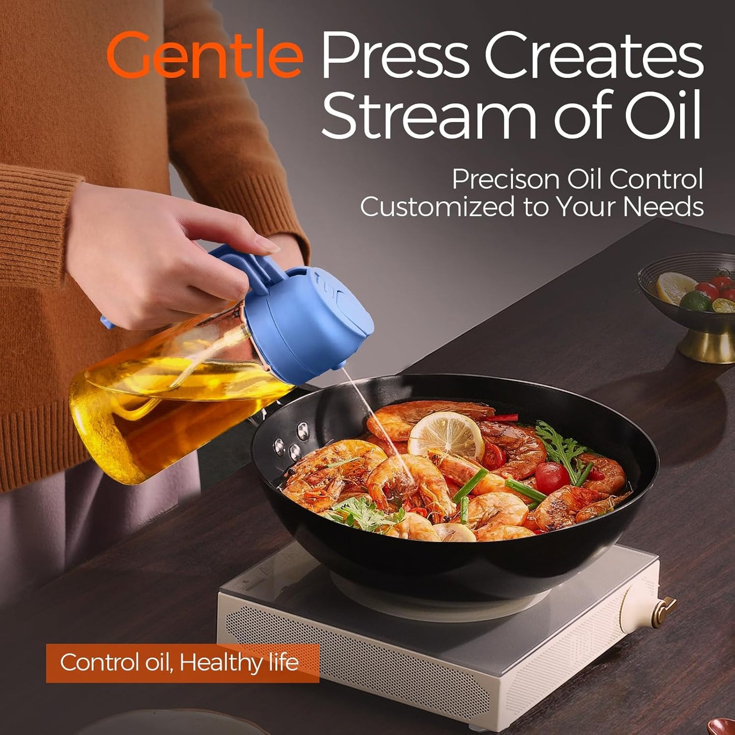 YARRAMATE 16oz/470ml Glass Olive Oil Sprayer for Cooking with Stickers, 2 in 1 Oil Dispenser for Kitchen Gadgets, Food Grade Premium Spray Bottle with Portion Control for Salad, BBQ(SkyBlue)