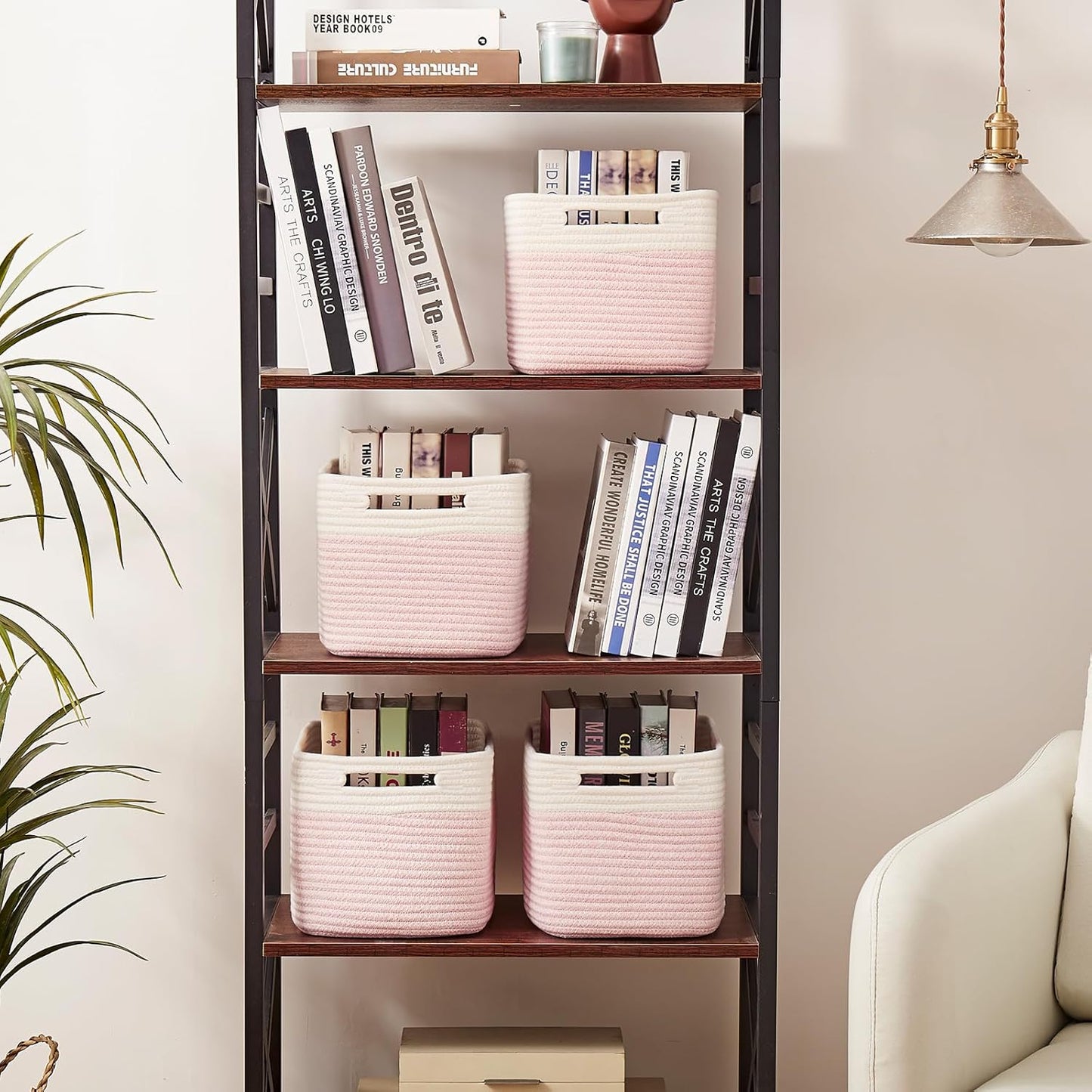 OIAHOMY 4 Pack Storage Baskets for Organizing, Basket for Shelves with Handle, Woven Baskets for Storage Toys, Towels, Books, Cotton Rope Basket 13" L x 9 " W x 7.8 " H, Pink & White