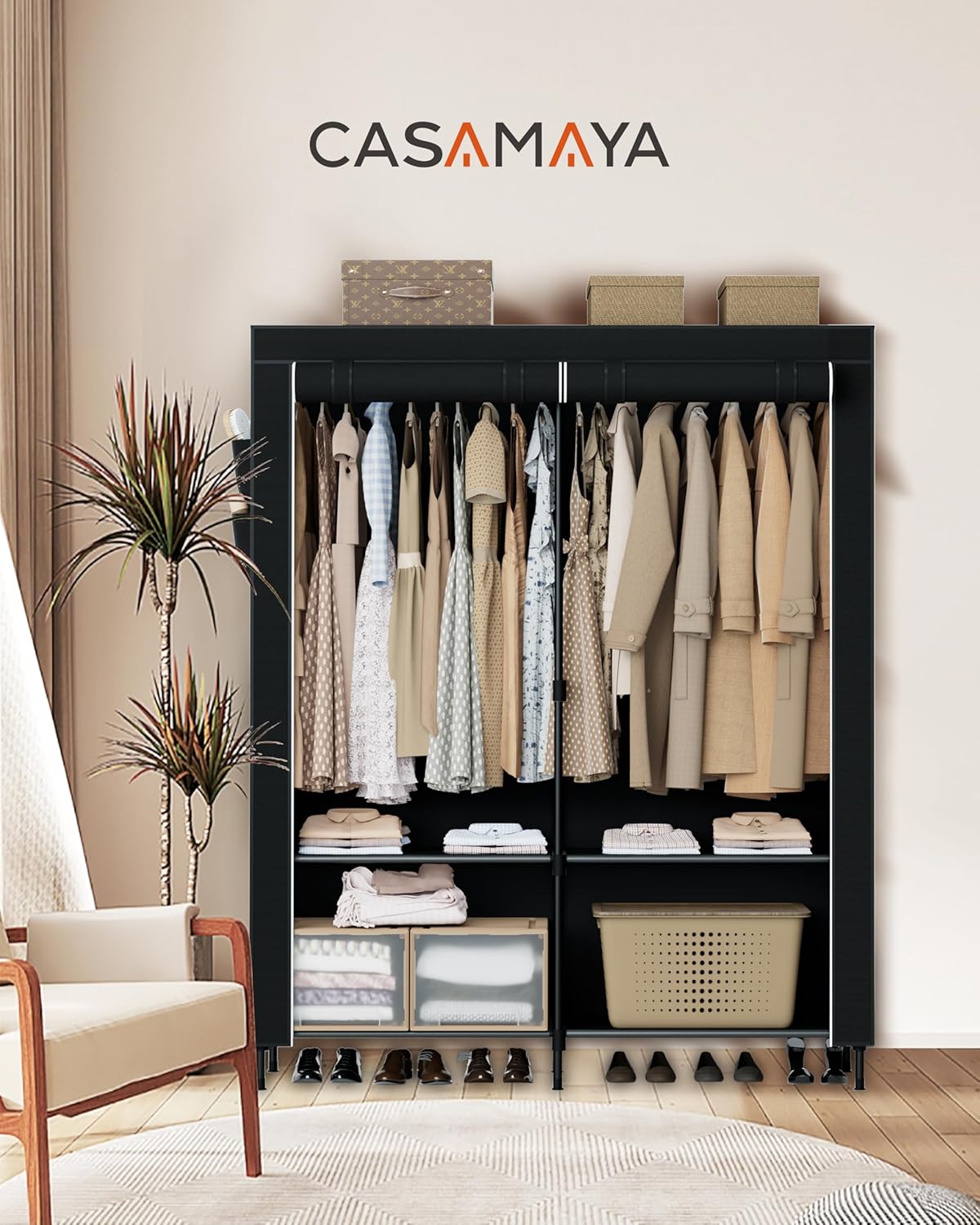 Portable Closet, 54.3 Inch Large Capacity Wardrobe Closet with Cover, Clothes Storage Organizer with Shelves and 2 Hanging Rods, Easy to Assembly, Black PCT102B01