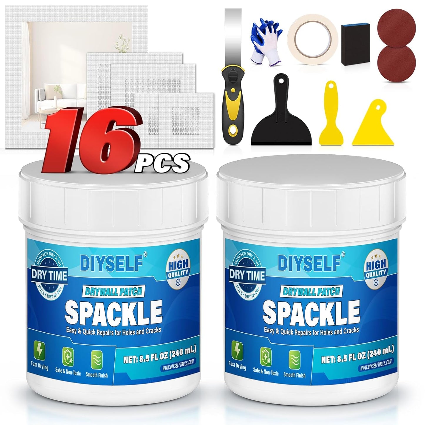 DIYSELF 16 Pieces Drywall Repair Kit Spackle Wall Repair Drywall Patch Kit Wall Patch Repair Kit Quick Easy Solution for Wall Hole Repair and Drywall Hole Filler
