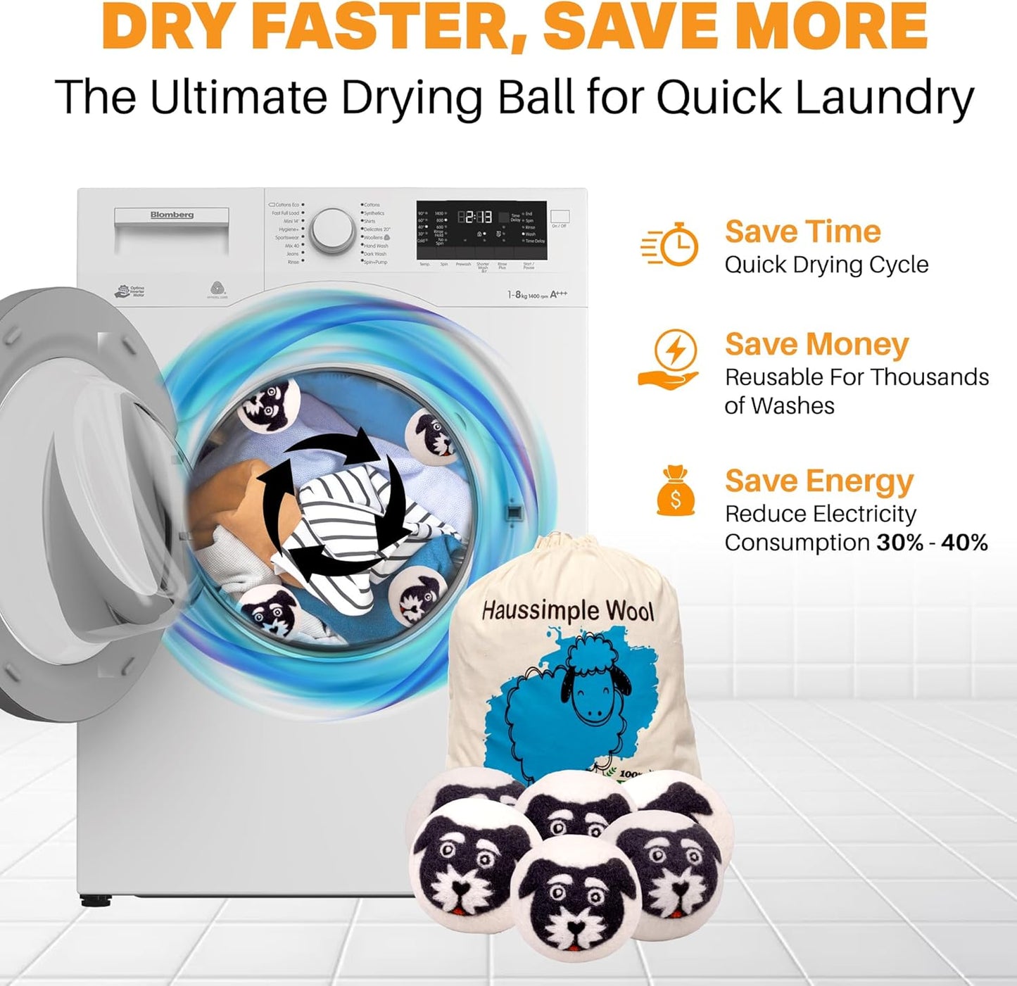 Wool Dryer Balls Organic Felt 6 Pack Laundry Fabric Softener, Extra Large Reusable Handmade Natural Sheep Wool Lint Wrinkle Free Anti Static Baby Safe (Black White Dog)