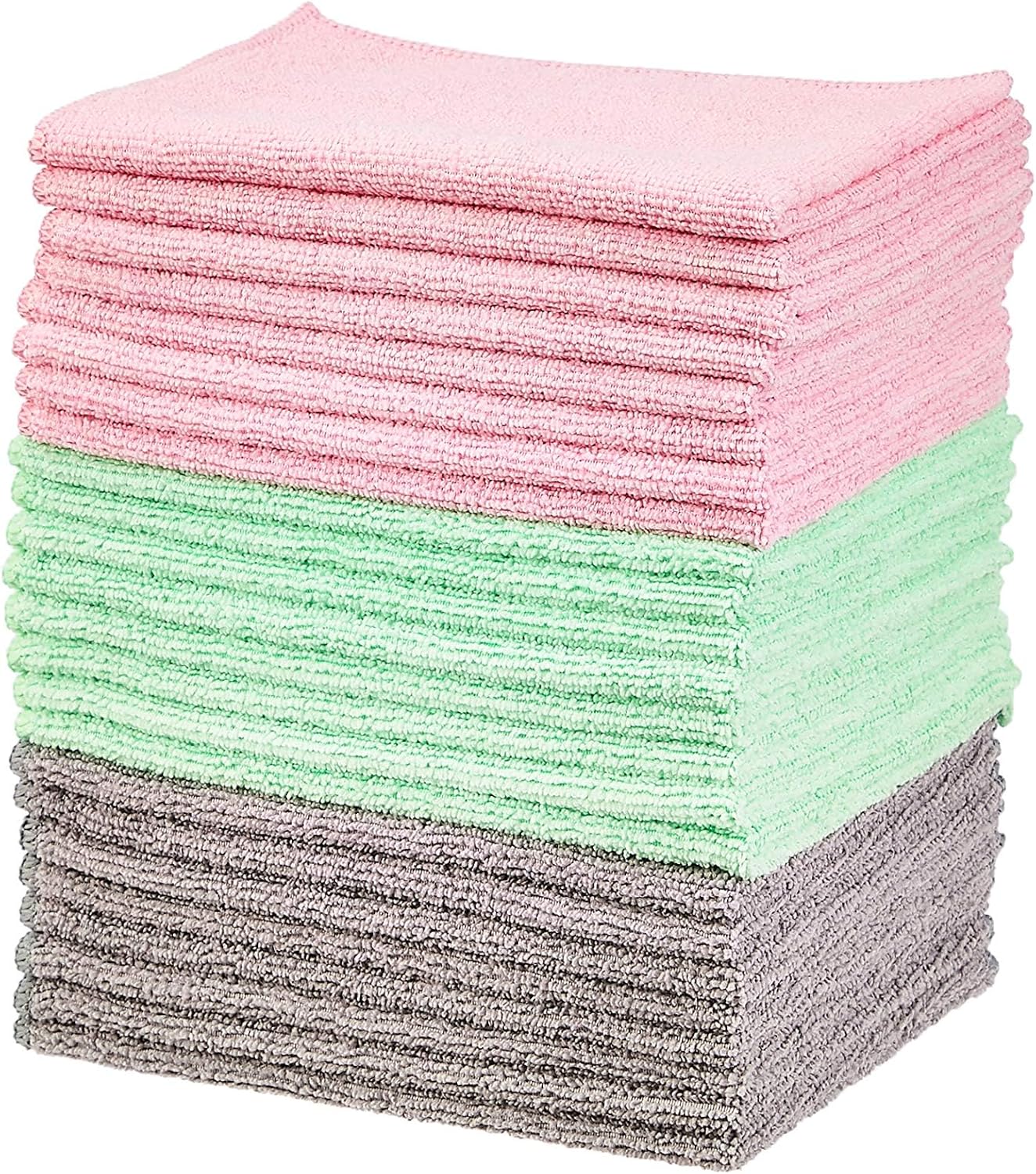 Amazon Basics Microfiber Cleaning Cloths, Ultra Soft and Absorbent, Free from Streaks/Lint/Scratch for Cars, 16" x 12", Green/Gray/Pink, 24-Pack