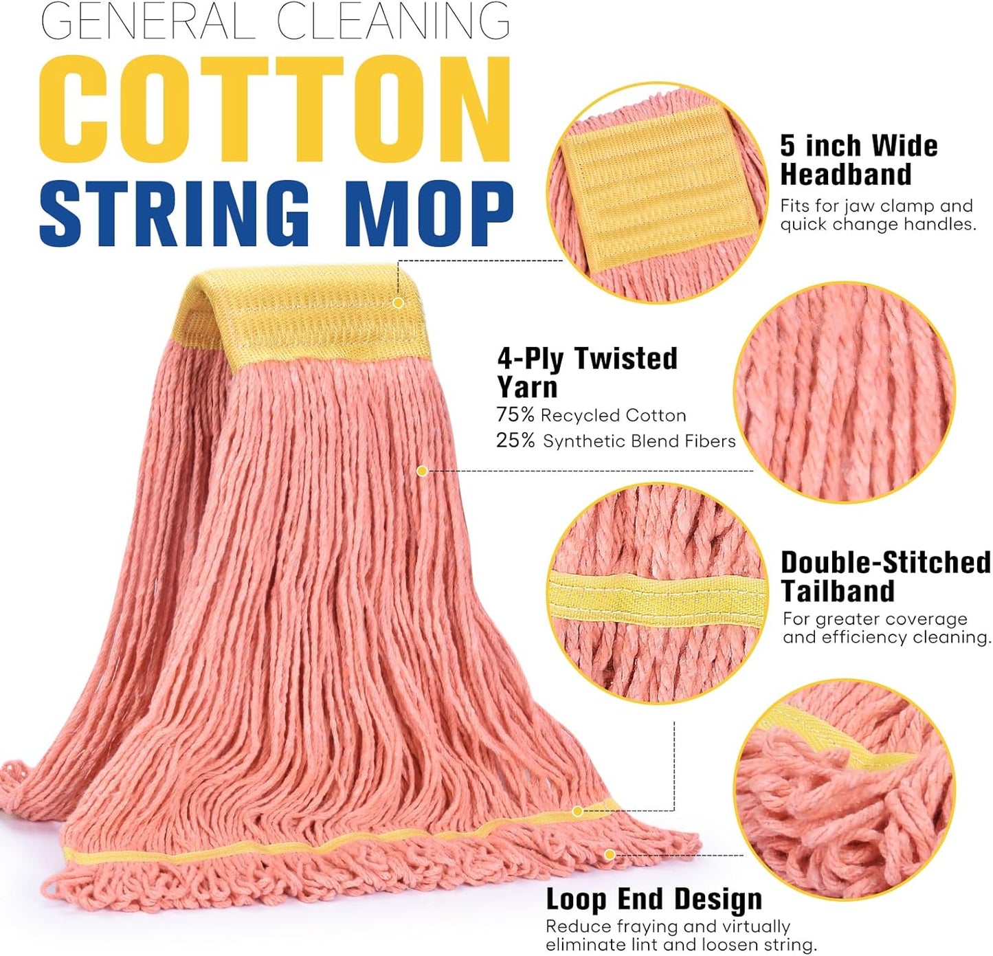 Matthew Cleaning Commercial Mop Head Replacement, 5 Inch Wide Headband, Looped End Cotton Blend String Wet Mops for Floor Cleaning, 18 oz Medium, Case Pack 12 Pcs Orange