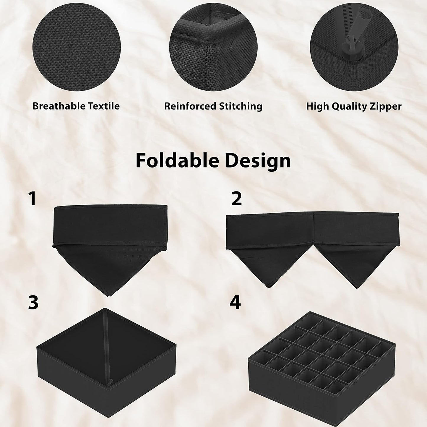 Simple Houseware 4-Pack Drawer Organizer Set - Closet Dividers for Underwear, Socks, Bras, Scarves, Ties - Foldable Non-Woven Storage Boxes, Dark Gray