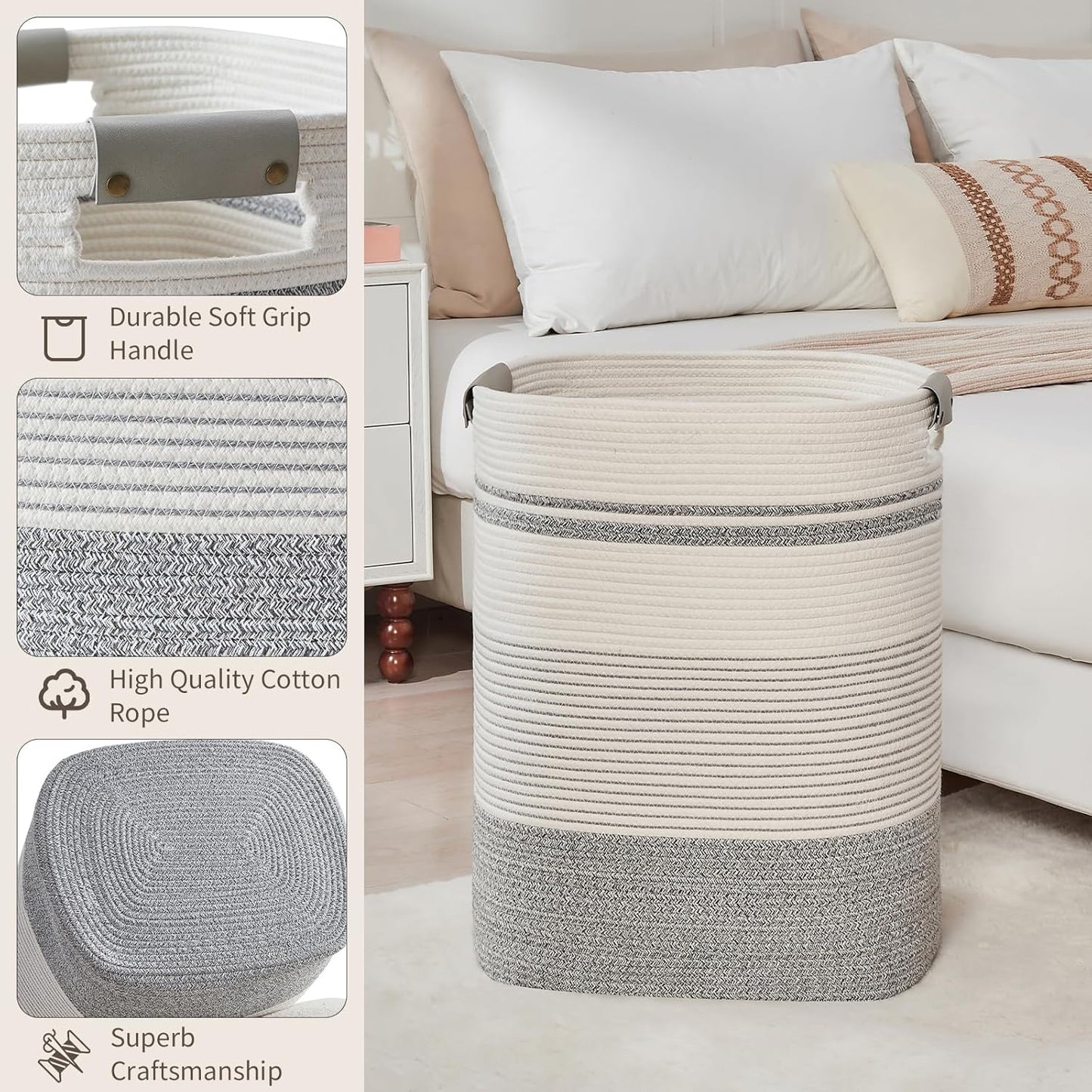 Laundry Basket with Handles - Blanket Basket & Hampers for Bedroom Aesthetic, Laundry Hamper & Blanket Storage for Living Room, Clothes Hamper, Tall, Large 17" x 14" x 22”, Grey & White