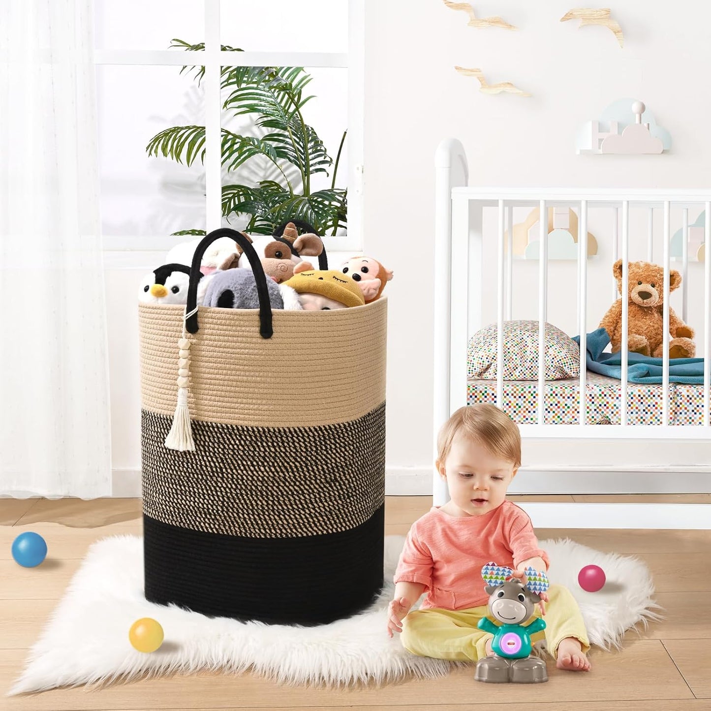 Woven Laundry Basket for Clothes, 80 L Large Rectangle Laundry Hampers with Beads Tassel, Nursery Storage Basket for Toys, Tall Dirty Clothes Hamper for Bedroom Aesthetic, Laundry Room Organization