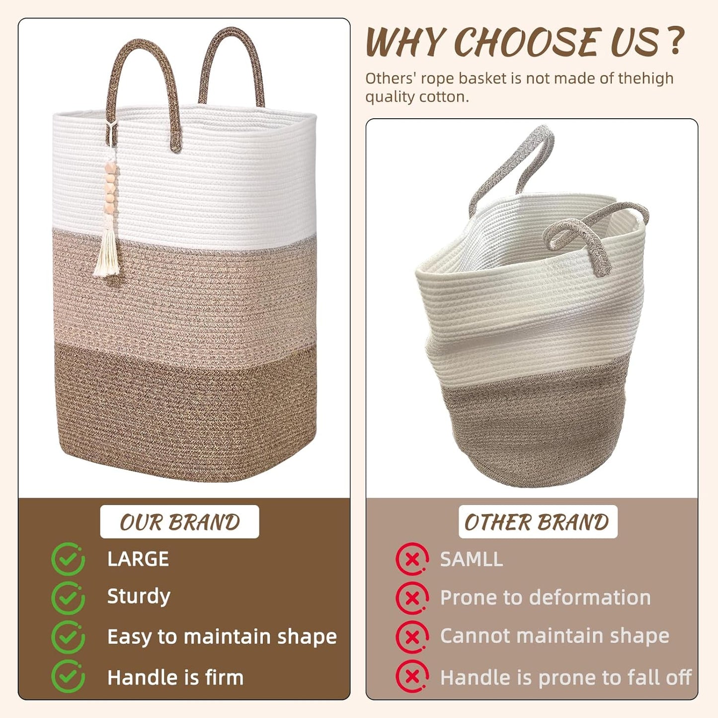 Woven Laundry Basket for Clothes,100 L Large Rectangle Laundry Hampers with Beads Tassel, Nursery Storage Basket for Toys, Tall Dirty Clothes Hamper for Bedroom Aesthetic, Laundry Room Organization