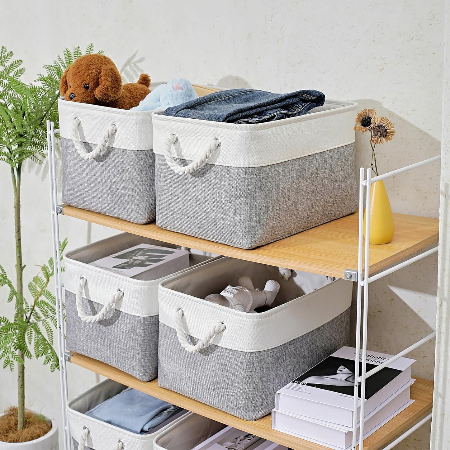 15x11x9.5 Inch Storage Baskets for Shelves,3 Pack Storage Bins，Foldable Organizer Boxes, Decorative Storage Basket for Organizing Clothes, Toys, Books, Foldable Cloth Baskets (White&Gray)