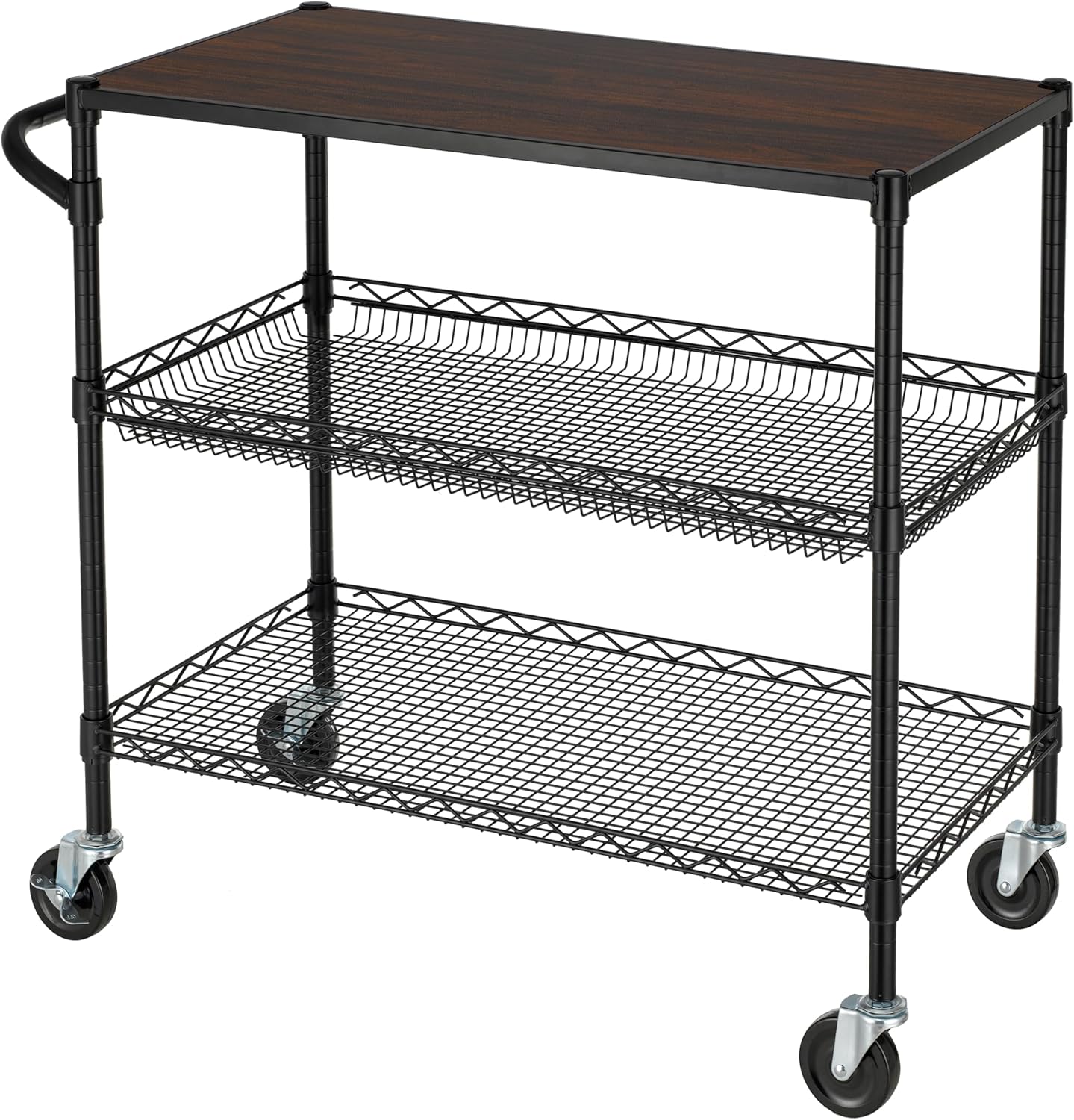 Finnhomy 3 Tier Heavy Duty Commercial Grade Utility Cart with Wood Top, Wire Rolling Cart with Wheels and Handle Bar, Kitchen Carts on Wheels, 18x36x35.4 H Metal Cart with 600 LBS Capacity, Black