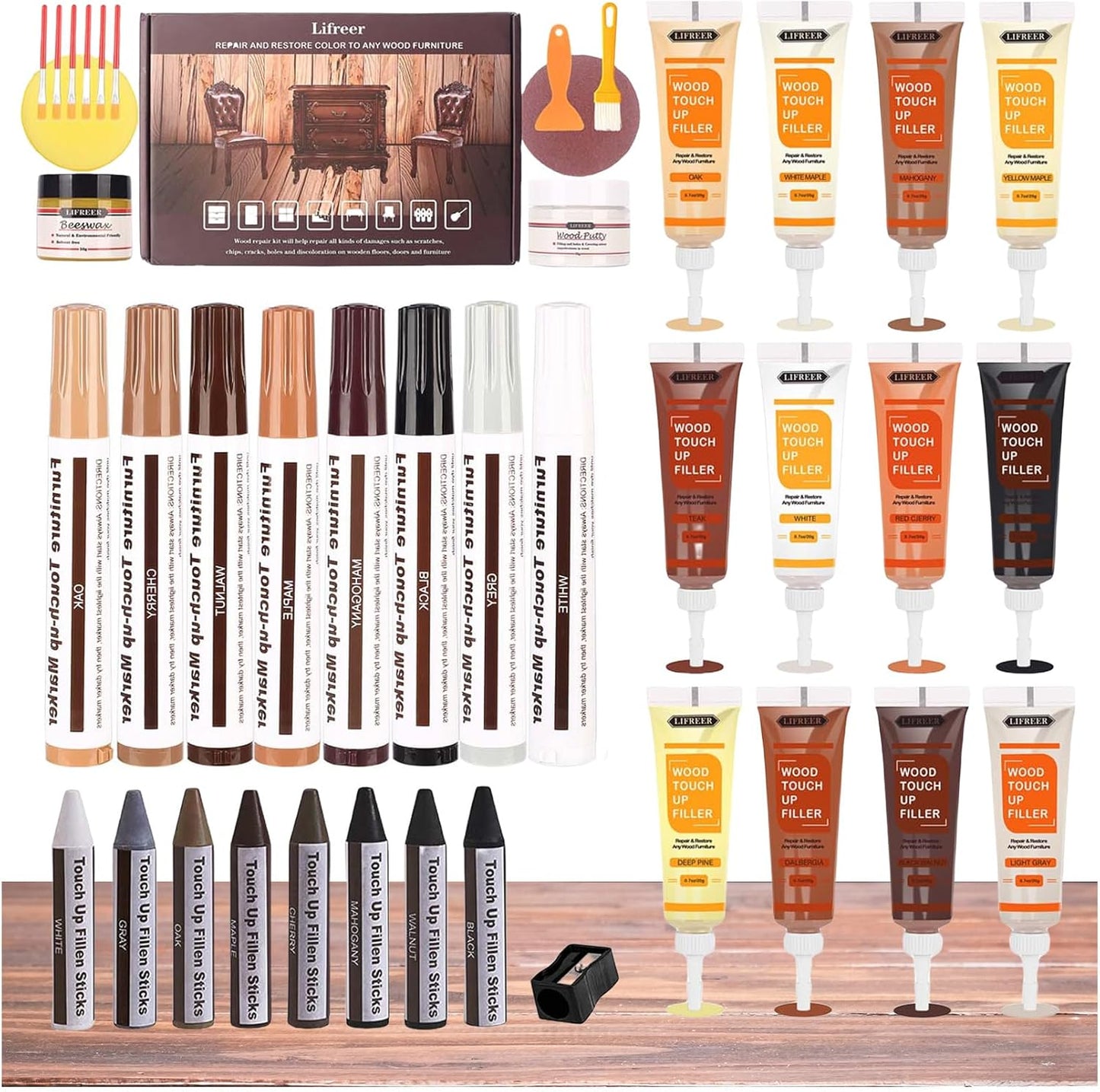 Lifreer Wood Repair Kit, 42 Pcs Furniture Repair Kit - Wood Filler, Touch Up Marker, Wood Putty, Wood Crayon for Scratch, Cracks, Stains, Discoloration for Wooden Door, Floor, Table, Cabinet