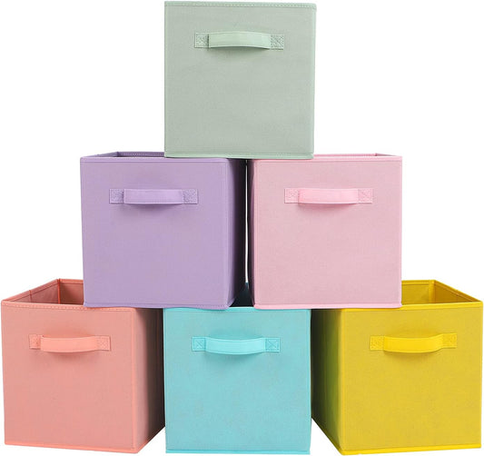 Stero Fabric Storage Bins 6 Pack Fun Colored Durable Storage Cubes with Handles Foldable Cube Baskets for Home, Kids Room, Closet and Toys Organization Cyan, Green, Yellow, Purple, Pink and Peachpuff