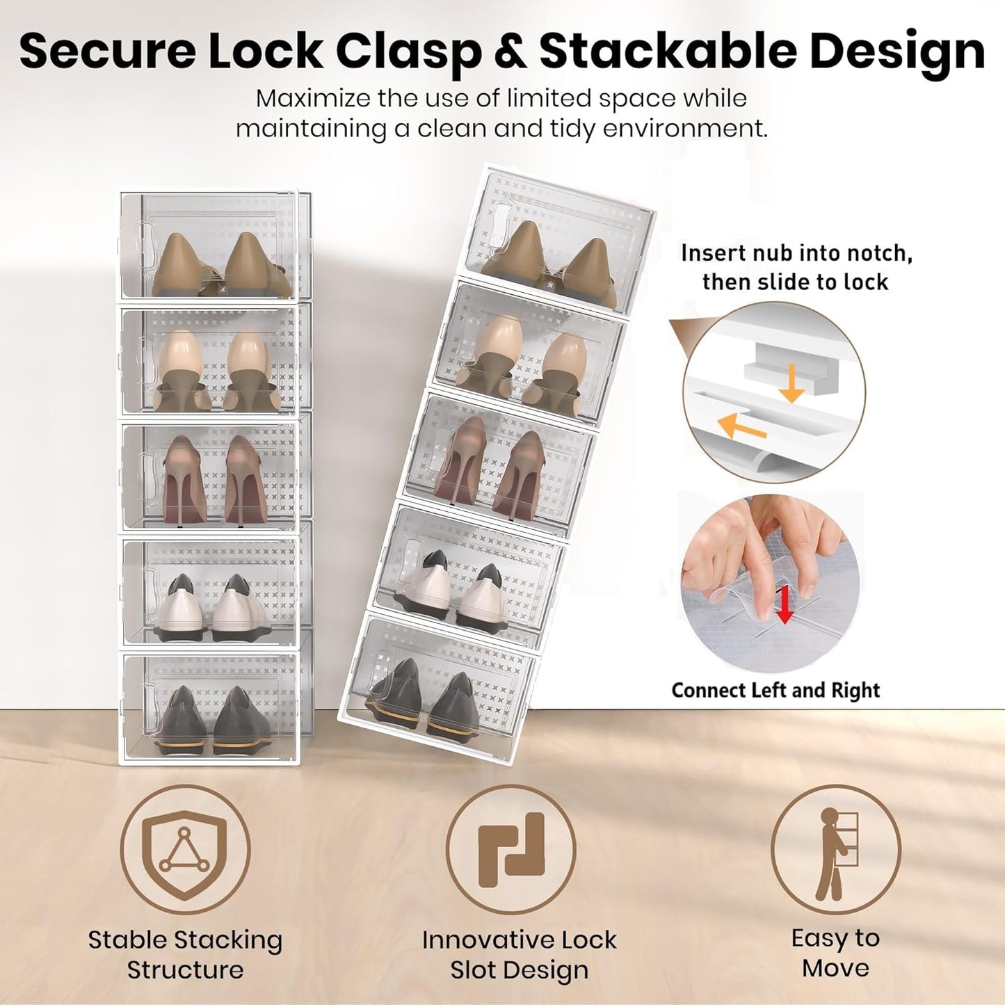 12 Pack XX-Large Modular Clear Plastic Stackable Shoe Storage Organizer for Closet, Space Saving Versatile Sneaker Shoe Rack Containers Bins Holders, Portable Closet Organizers and Storage, White