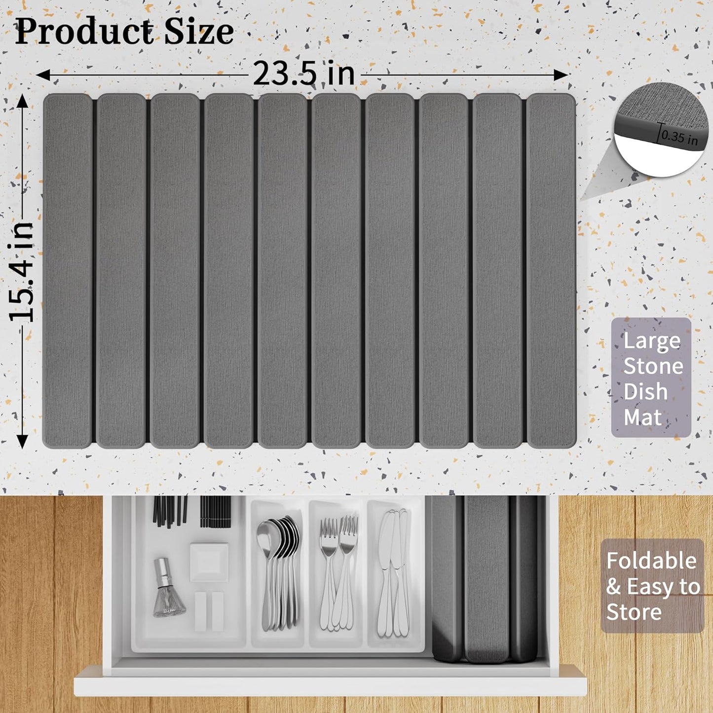 Large Stone Dish Drying Mats for Kitchen Counter – Foldable Quick Dry Stone Mat with Non-Slip Pad & Sandpaper, Super Absorbent Diatomaceous Earth Mat for Dishes and Cups(Dark Gray 23.5"x15.5")