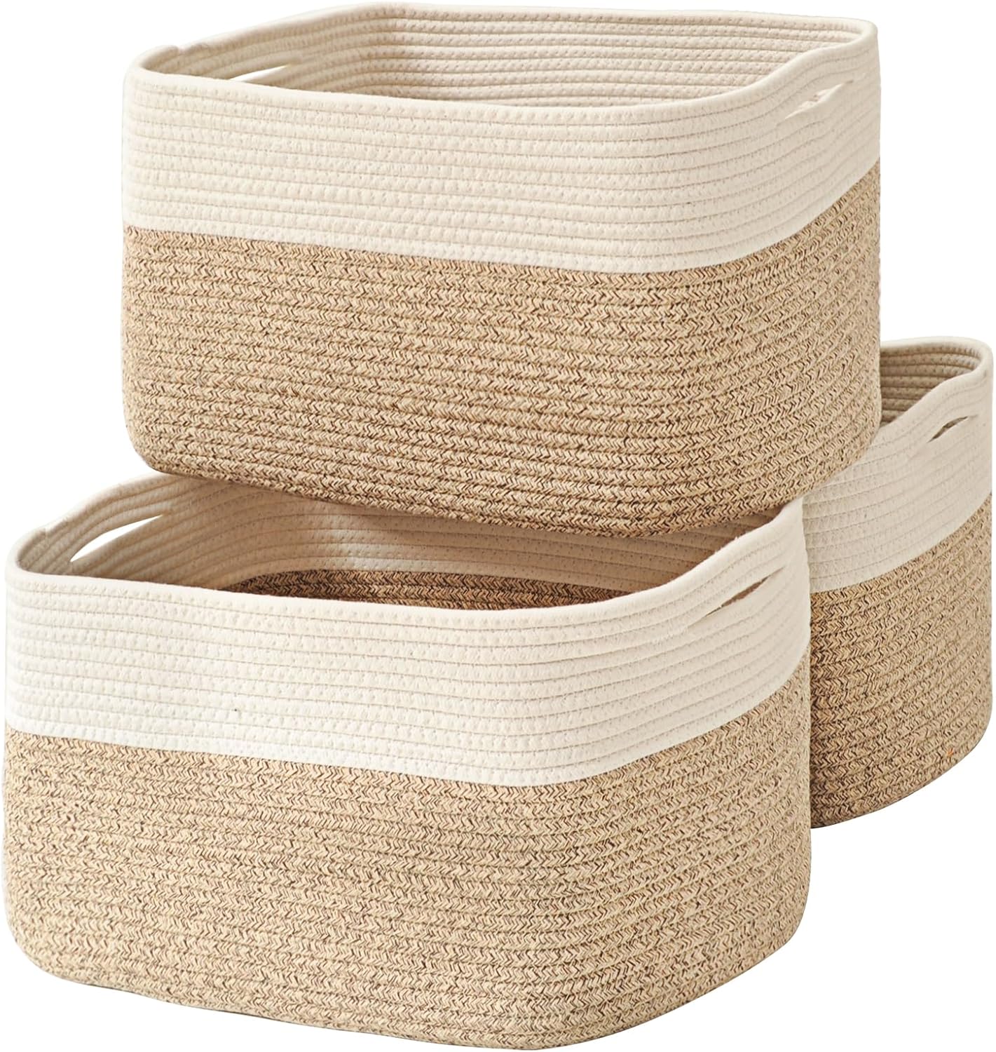 Large Storage Baskets for Organizing Shelves, Woven Cotton Rope Bins for Baby Nursery Organization, Book Toy Towel Organizer, 17"x13"x9.5", 3 Packs, Off White & Brown