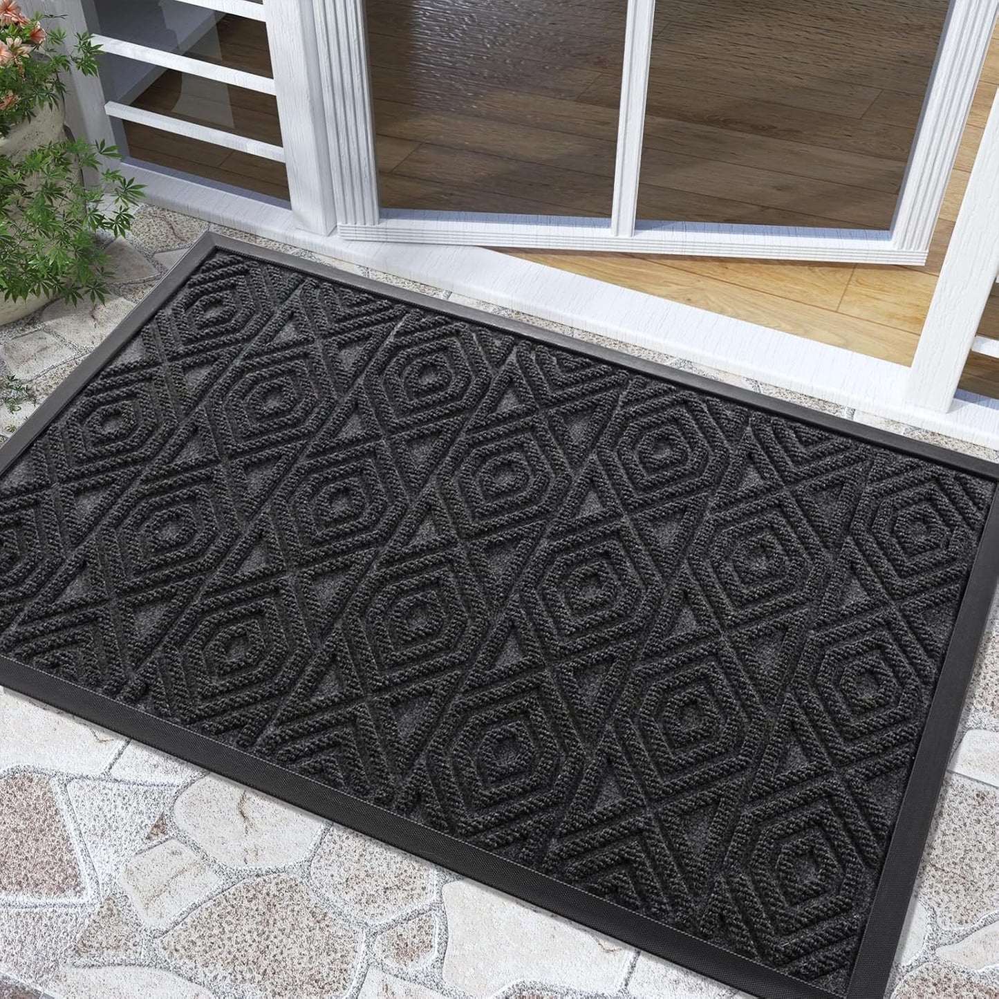 Yimobra Door Mat, Outdoor Indoor Entrance Welcome Mat, Heavy Entry Front Door Mat, Stain & Fade Resistant, Low Profile, Sturdy Rubber, Easy Clean Patio Floor Mat, Waterproof, 36 x 24, Black