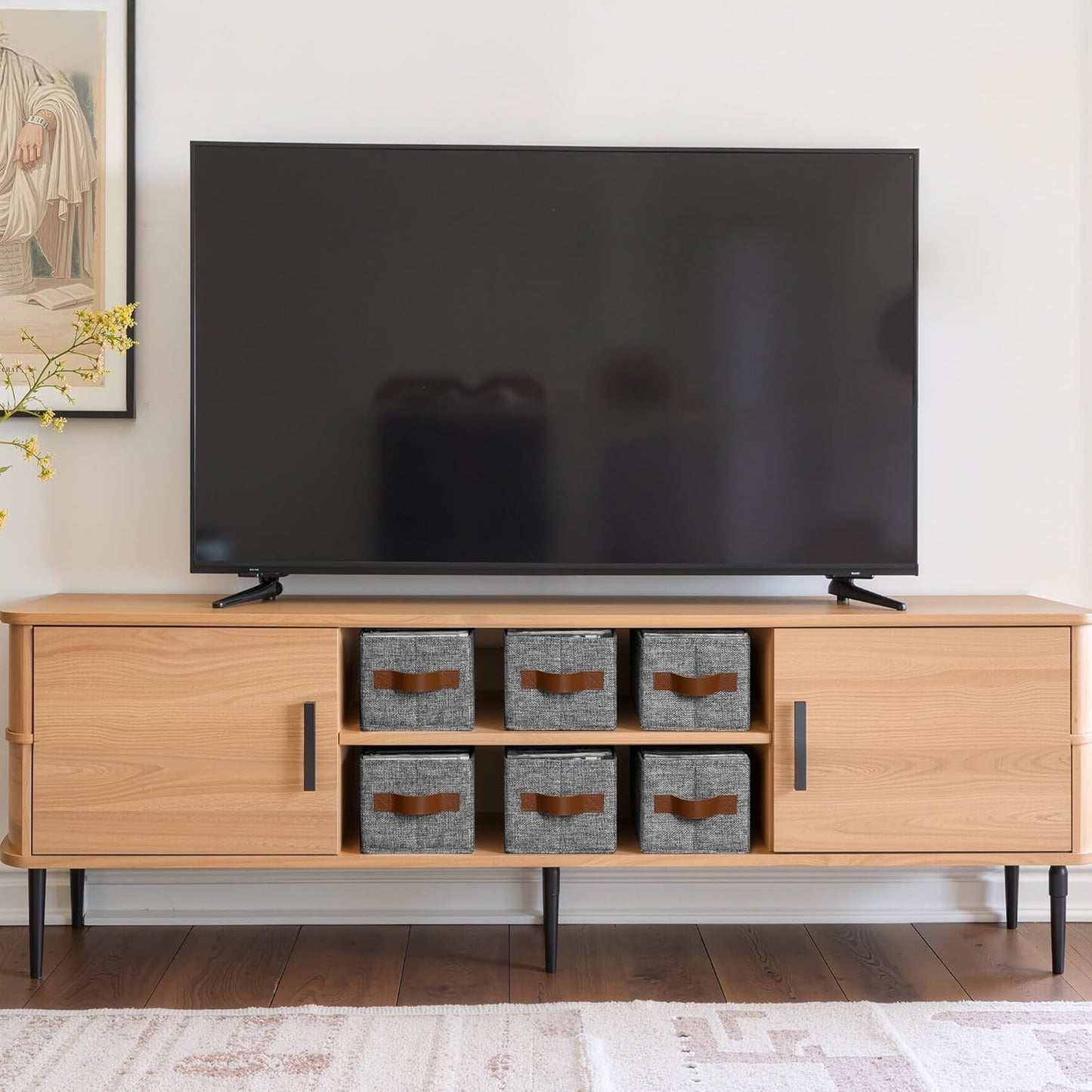 GRANNY SAYS Small Fabric Storage Bins with PU Handles, Storage Baskets for Shelves, Toilet Paper Storage, Narrow Baskets for Organizing DVD, Photos, Clothes, Diaper, Sock, Cd, 6-Pack, Gray