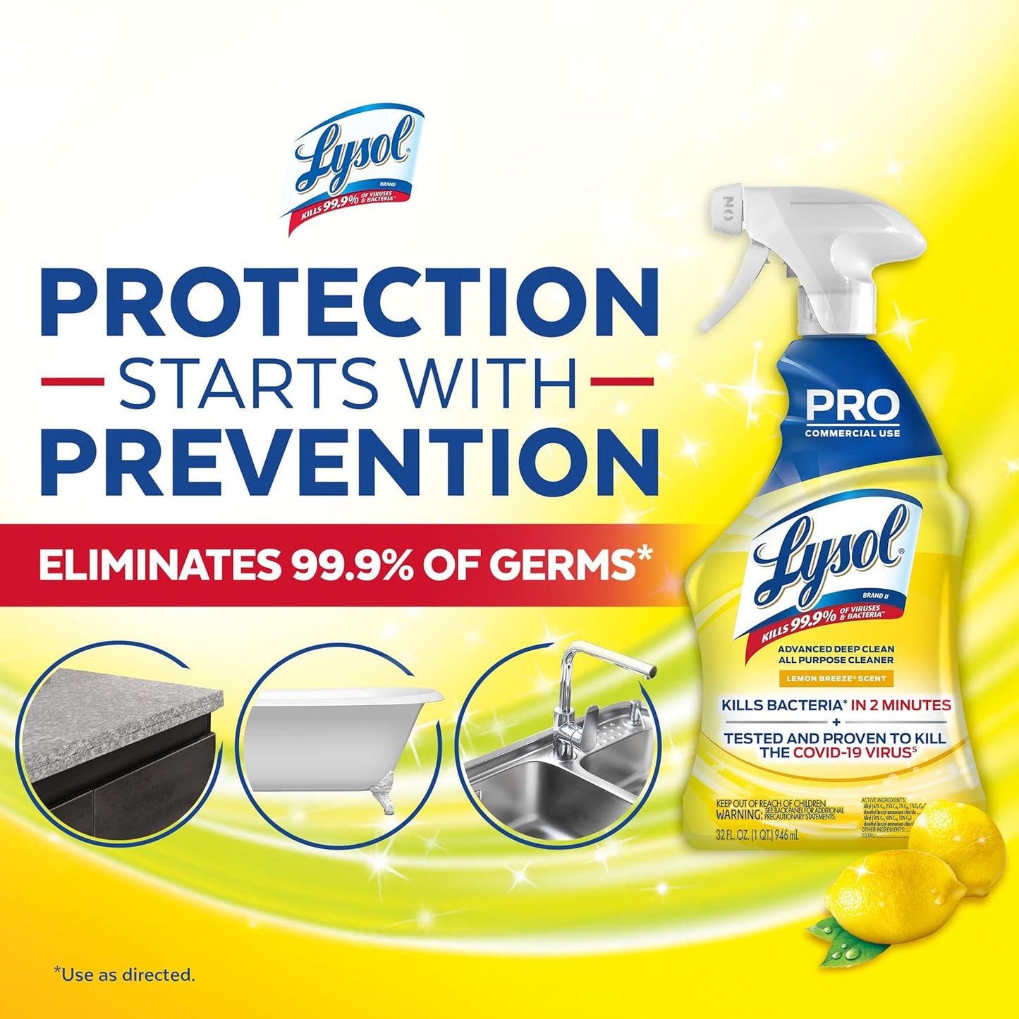 Lysol Pro All-Purpose Cleaner, Advanced Deep Cleaning Sanitizing and Disinfecting Spray, For Commercial Use, Use to Clean and Deodorize, Lemon Breeze Scent, 32oz (Pack of 12)