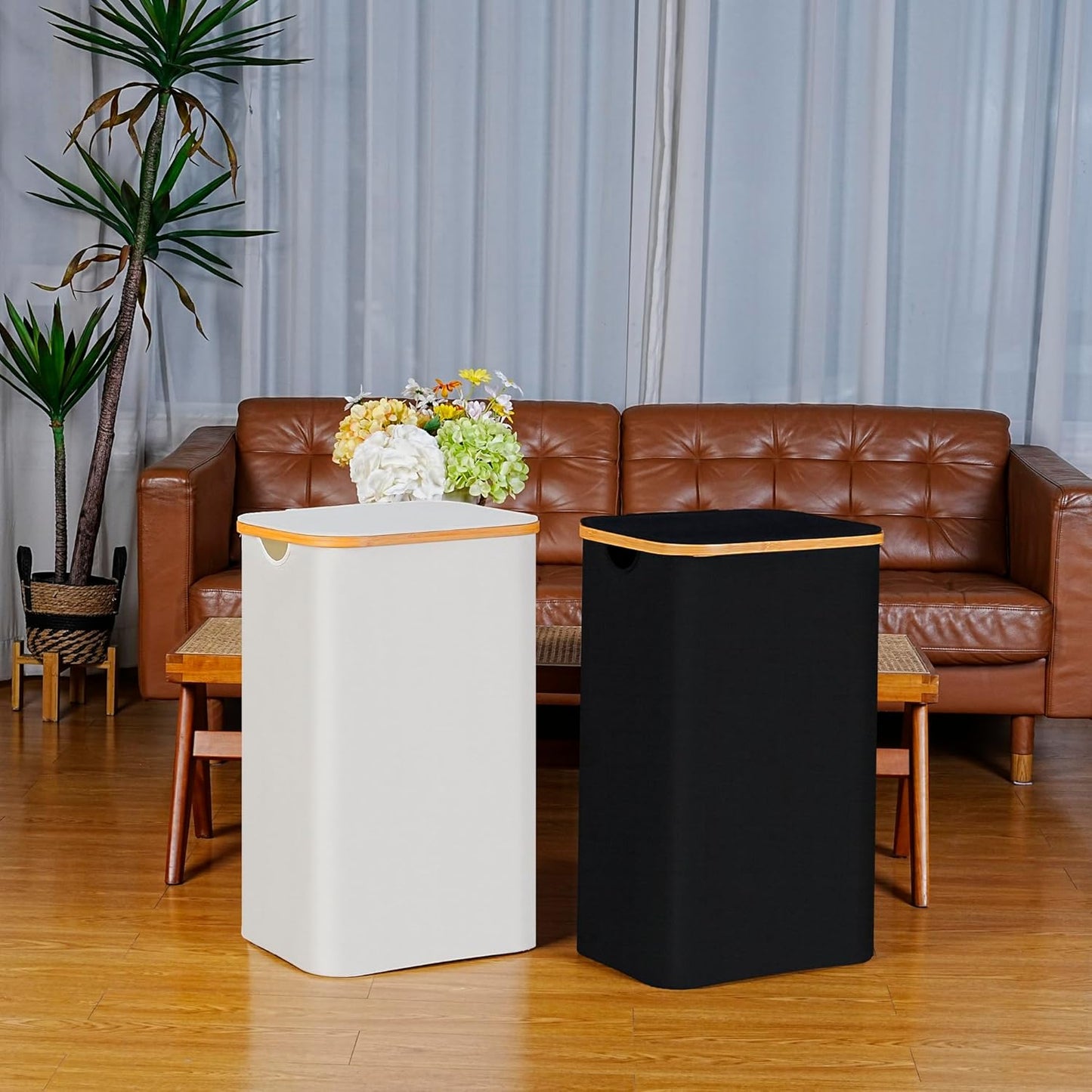 100L Laundry Hamper with Lid, Lagre Basket with Bamboo Handles,Foldable Clothes Hamper Tall Dirty Laundry Basket for Clothes Toys Towels Organizing,Black