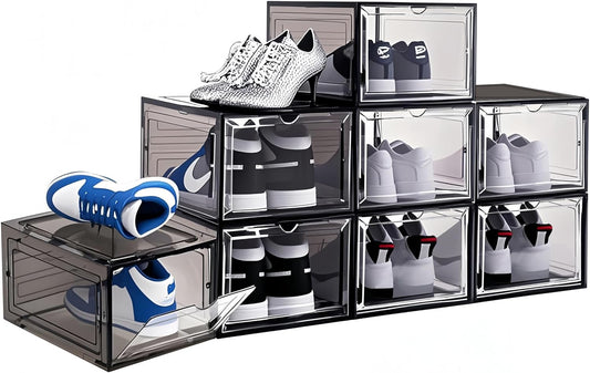 8 Pack Shoes Box Display Case Thicken Shoe Organizer Stackable Boxes for Closet Space-Saving Shoe Rack, Size 13, Black