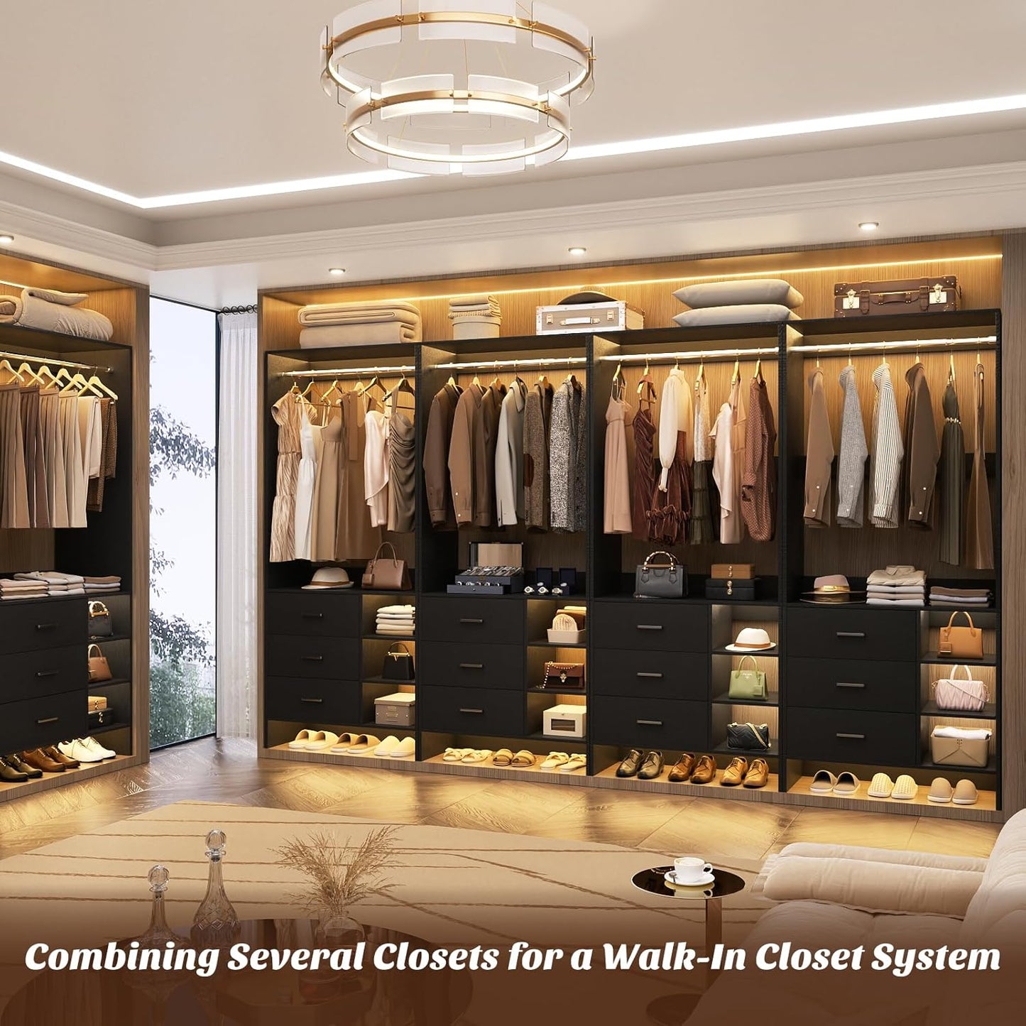 Aheaplus 2.5FT Closet System with 3 Drawers, 29.5’’ Closet Organizer, Wood Closet Organizer System, Walk-in Closet or Small Closets Wardrobe, Clothes Rack with Hanging Rods,-E6, Black