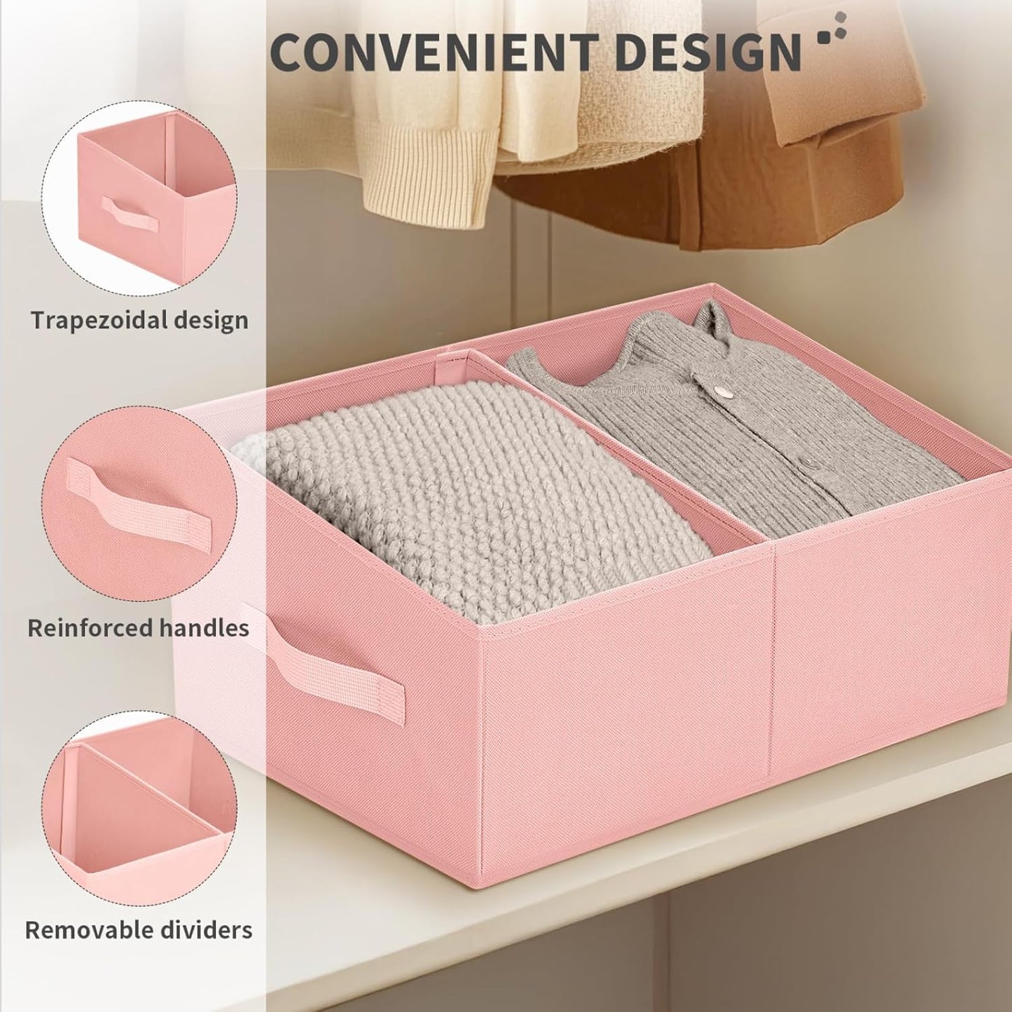 DIMJ Large Closet Shelf Organizer Bins 6 Packs with Handles and Divider, Fabric Trapezoid Storage Baskets, Foldable Clothes Containers Box for Shelf, Towel, Book, Toy, Purse, Hats, Pink