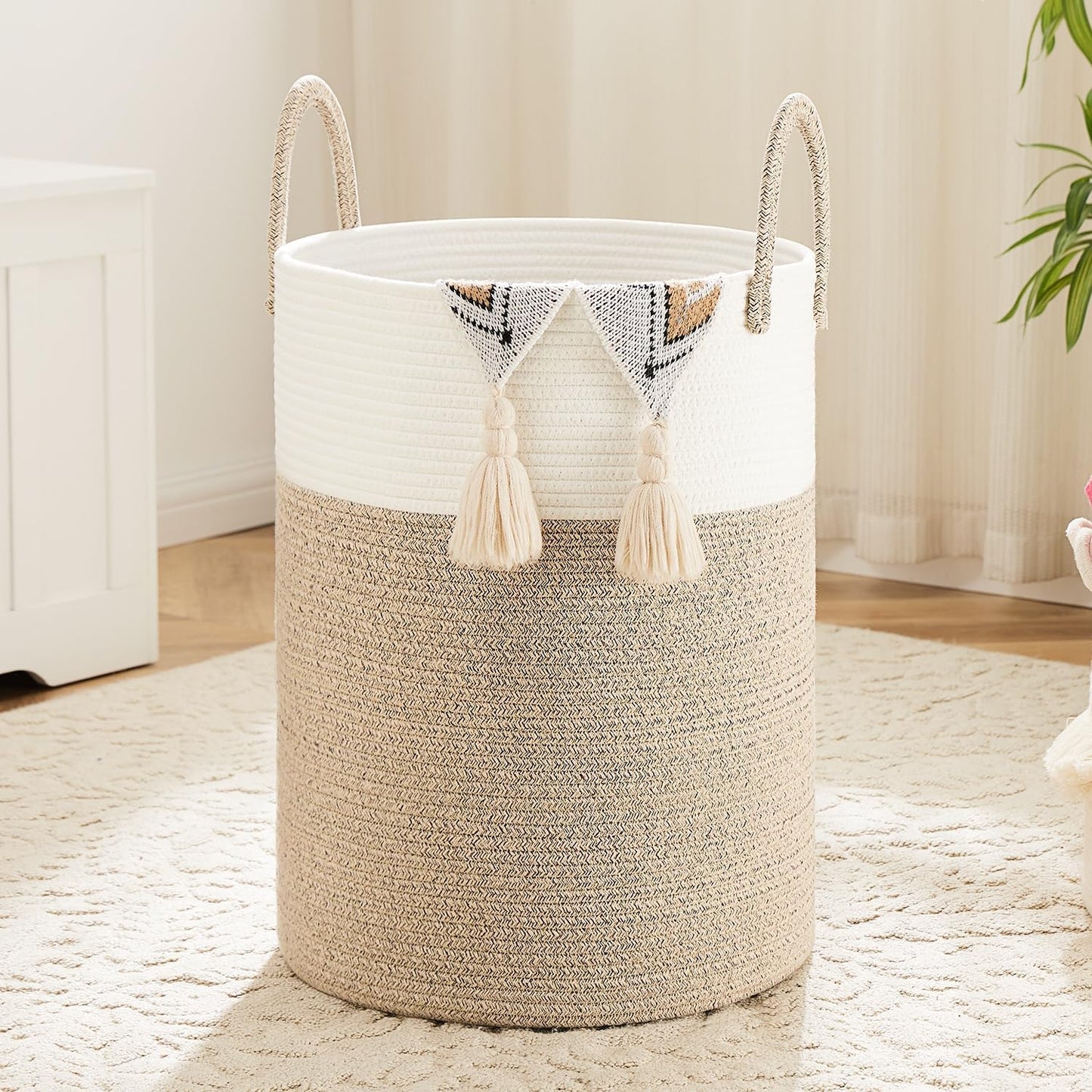 Laundry Basket,Woven Cotton Rope Laundry Hamper,60L for Decor Storage of Dirty Clothes,Toys and Blankets in Bathroom,Baby Room and Living Room