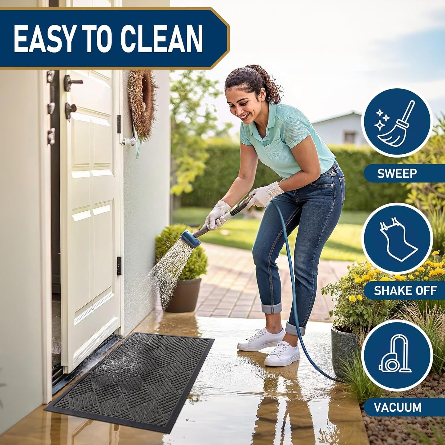 Smiry Front Door Mat Outside Entrance, Heavy Duty Outdoor Indoor Natural Rubber Doormat, Non Slip, Trap Dirt and Moisture, Easy Clean, Low Profile Patio Porch Entryway Mat, 47x32, Grey