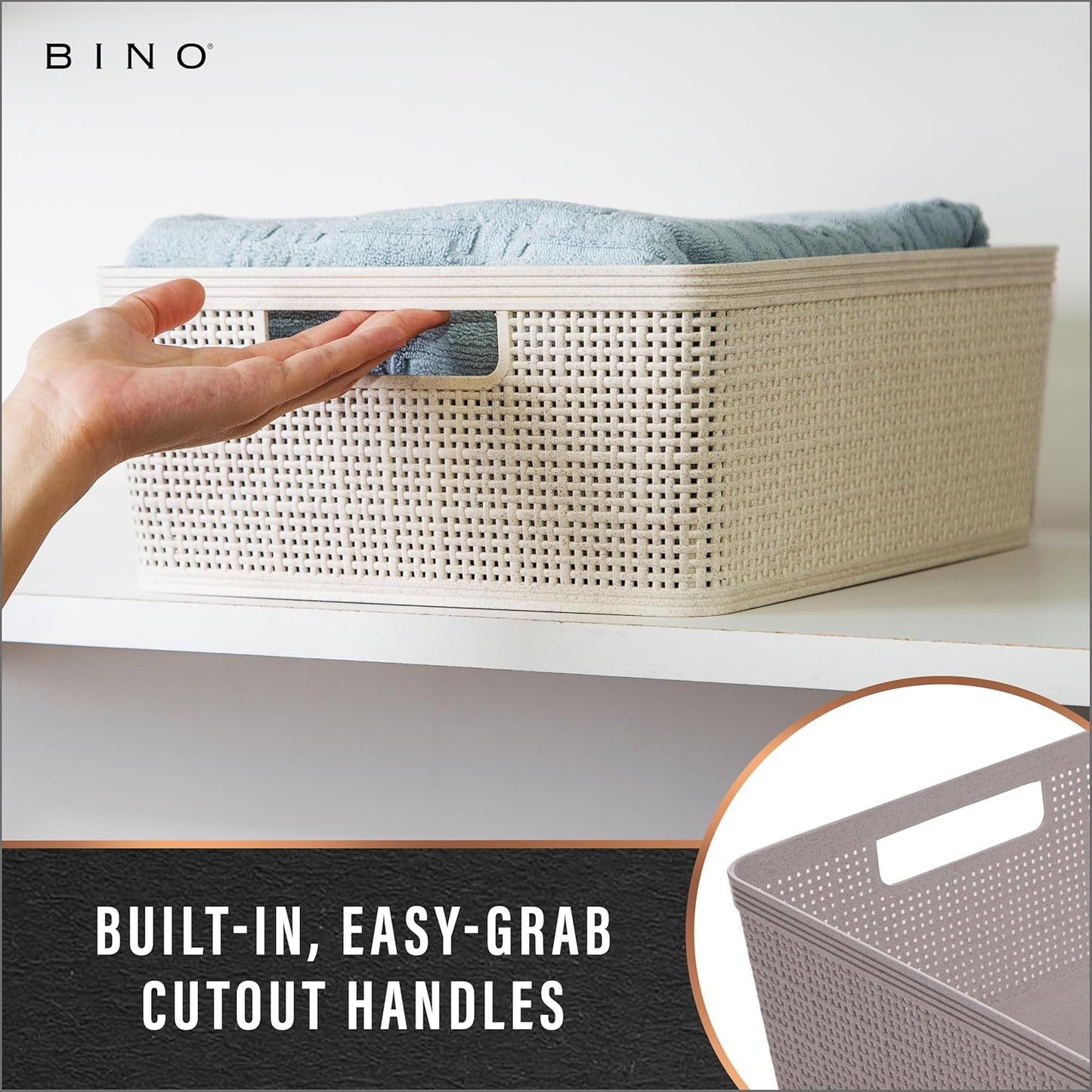 BINO | Woven Plastic Basket | Small (Natural Grey), 4-Pack | THE JUTE COLLECTION | Home Organization, Space - Saving Storage, Stylish Design | Jute Basket | Plastic Storage Basket