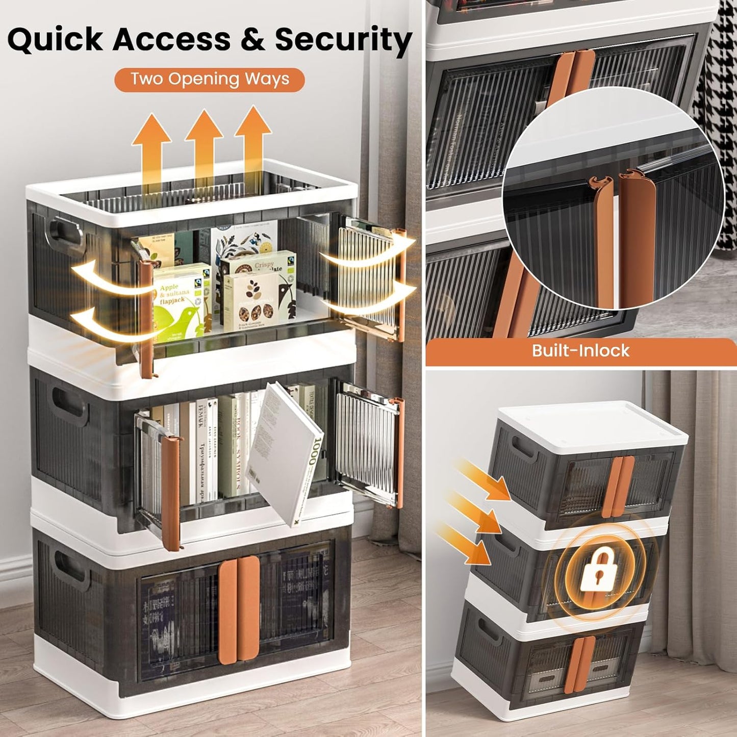 8.4Gal Collapsible Storage Bins with Lids & Wheels - 3 Pack Stackable with Doors, Heavy-Duty Plastic Containers for Home/Office, White