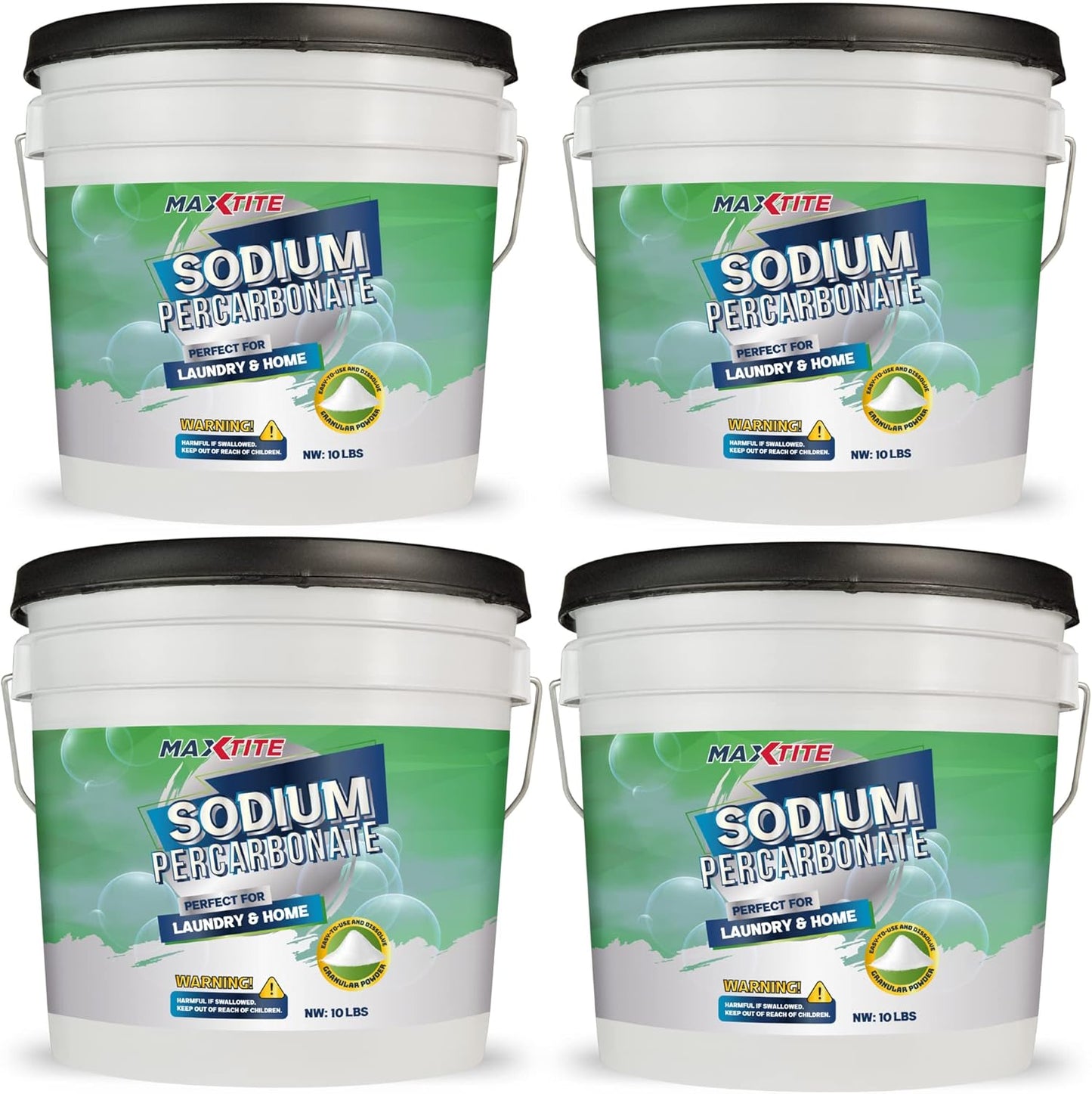 MAXTITE Sodium Percarbonate (40 lbs total, 10 lbs pails 4 Pack) 100% Pure Solid Hydrogen Peroxide/Oxygenated Bleach - Multi-Use Cleaner for Home & Laundry- HDPE w/Resealable Child Resistant Cap