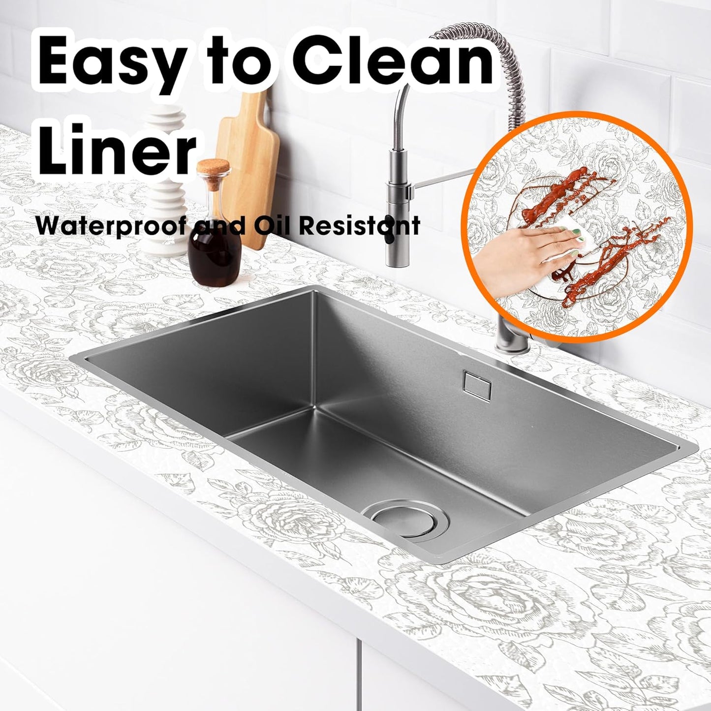 Drawer and Shelf Liner for Kitchen Cabinets Non-Adhesive, Non-Slip Cabinet Liner Shelf Paper Strong Grip Waterproof Easy to Clean for Kitchen Shelves Cupboard, Flower,17.5IN X 20FT