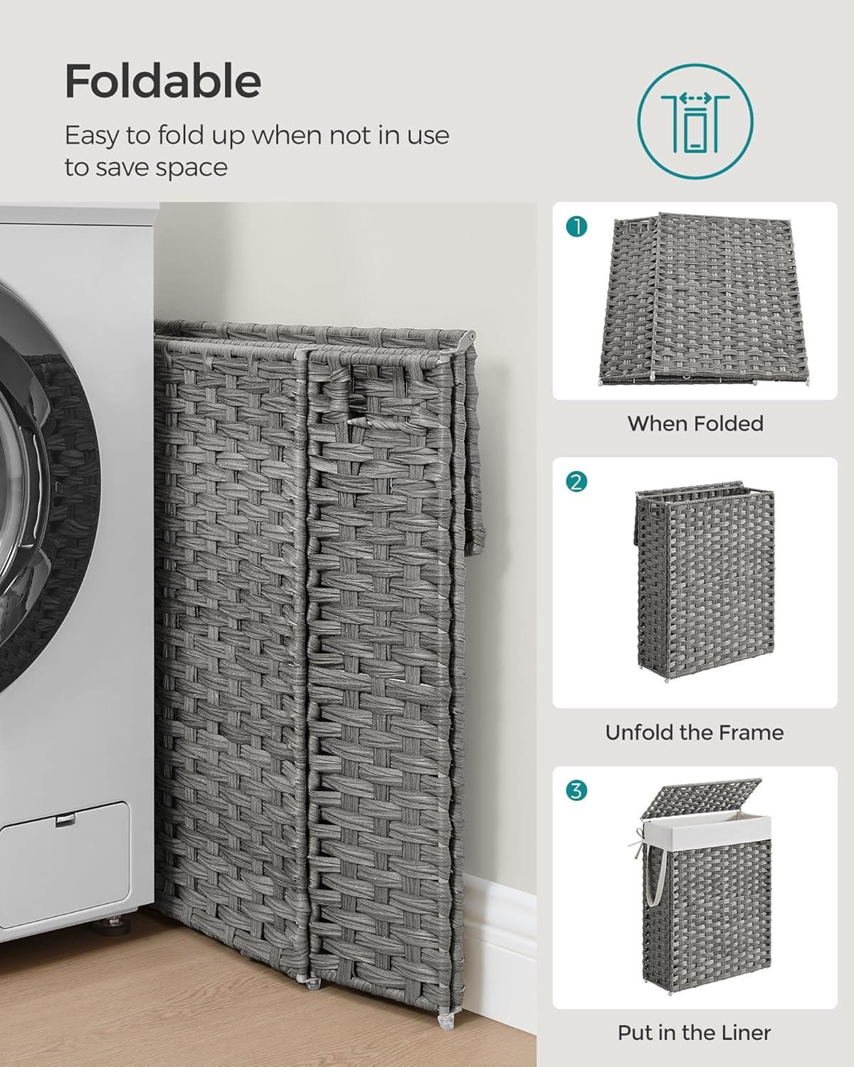 SONGMICS Slim Laundry Hamper with Lid, 14.5 Gallon (55L) Rattan Clothes Laundry Basket with Lid and Handles, Foldable, Removable Liner, Dove Gray ULCB164G01
