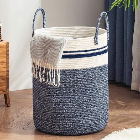 Woven Rope Laundry Hamper Basket by YOUDENOVA, 58L Tall Luandry Basket, Baby Nursery Hamper for Blanket Storage in Bedroom-Large-Blue