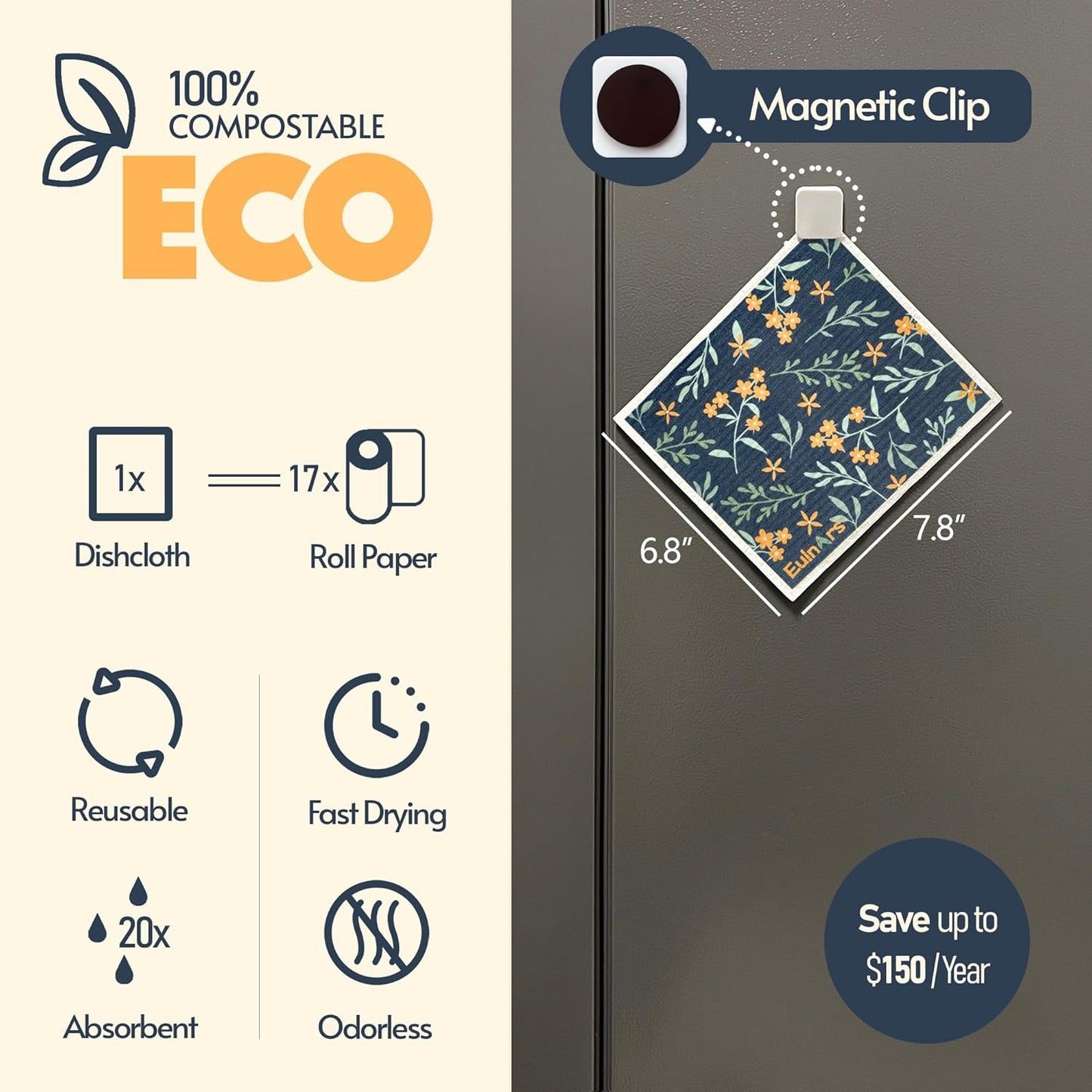 Reusable Paper Towels, Swedish Dishcloths for Kitchen 8-Pack, Non-Scratch Swedish Dish Towels, Super Absorbent Cellulose Dish Cloths, Eco Friendly Gifts