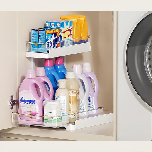 heart & home 1-Pack Under Sink Storage Organizer for Kitchen & Bathroom Cabinets with Removable Washable Tray, Tool-Free Assembly – Multi-Purpose for Kitchen Countertop, Vanity, & Laundry Room，White