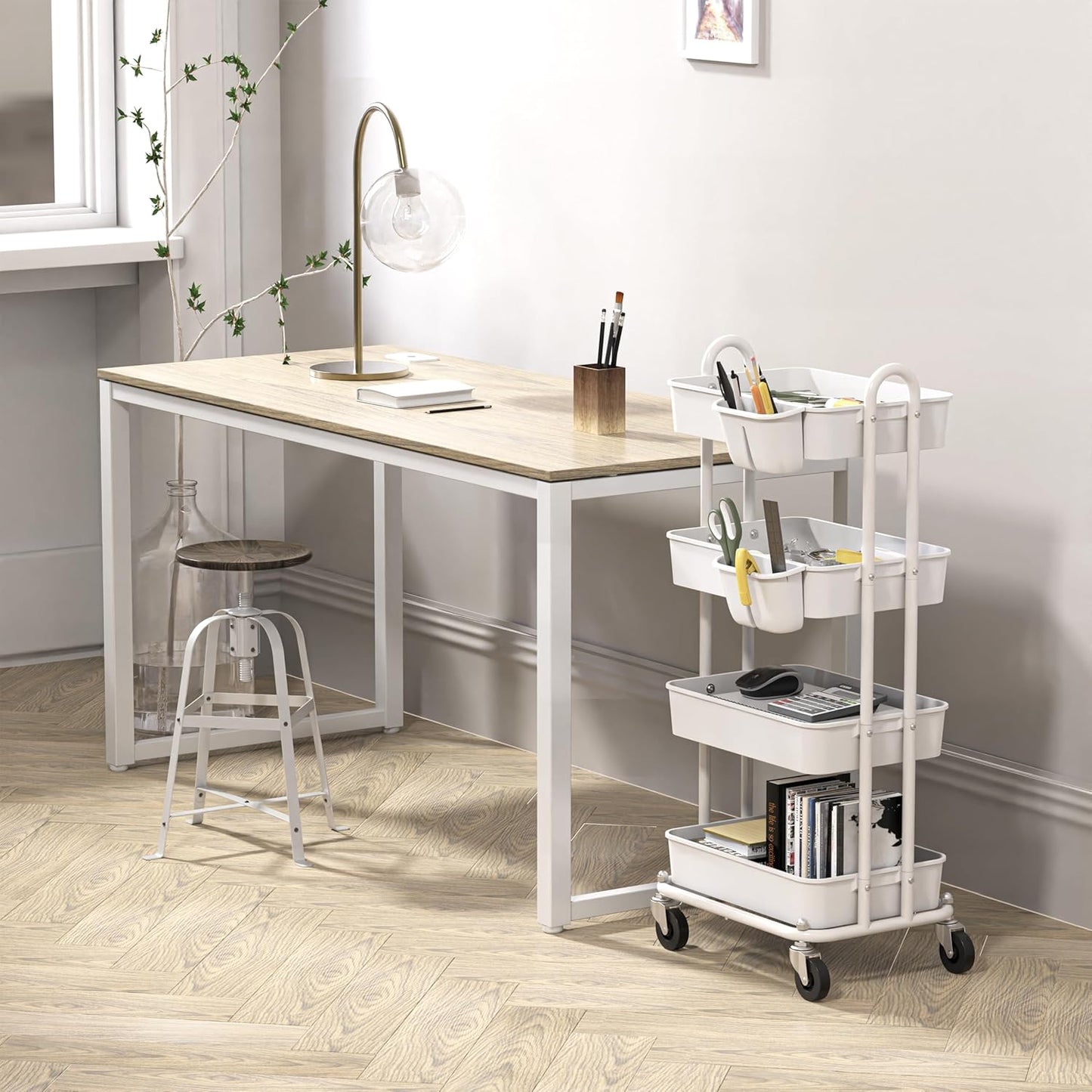 Simple Houseware 4-Tier Multifunctional Rolling Utility Cart with Hanging Buckets, White