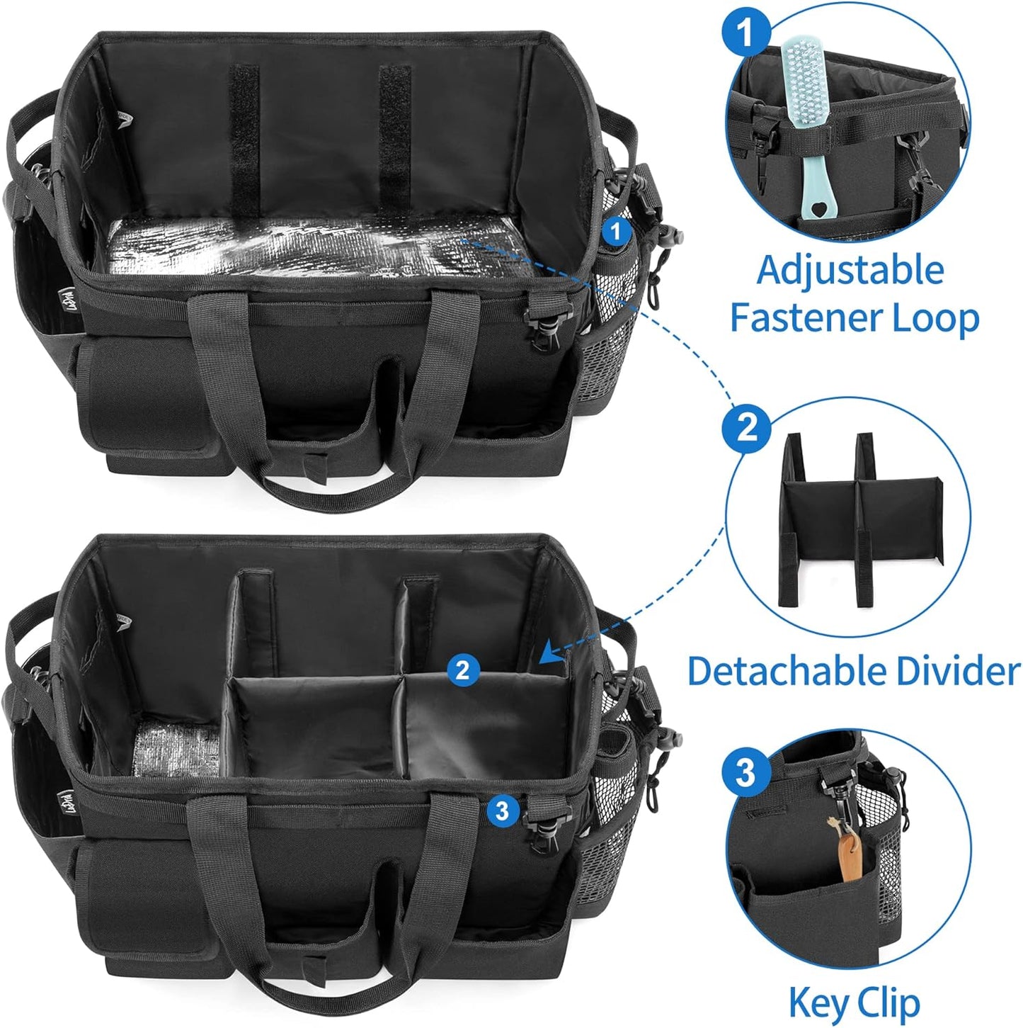 LoDrid Large Wearable Cleaning Caddy Bag with Detachable Divider, Cleaning Supply Tote with Handles, Organizer with Adjustable Shoulder Strap for Cleaners & Housekeepers, Black