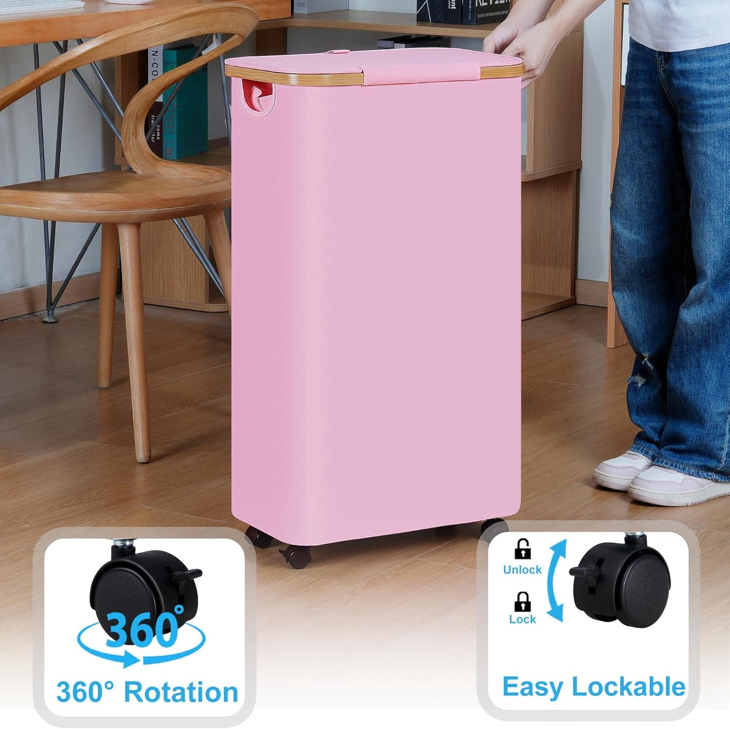 efluky Slim Laundry Basket with Wheels, Narrow Rolling Laundry Hamper with Lid and Removable Bag, Tall Aesthetic Dirty Clothes Hamper on Wheels for Laundry Room, Bedroom, Dorm and Bathroom, 75L Pink
