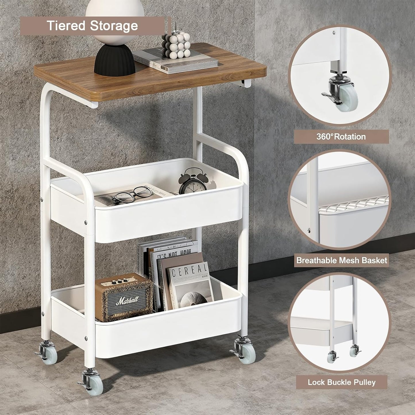 Rolling Cart with Wooden Tabletop 3-Tier Metal Utility Rolling Cart Storage Organizer with Lockable Wheels for Kitchen, Office, Bedroom