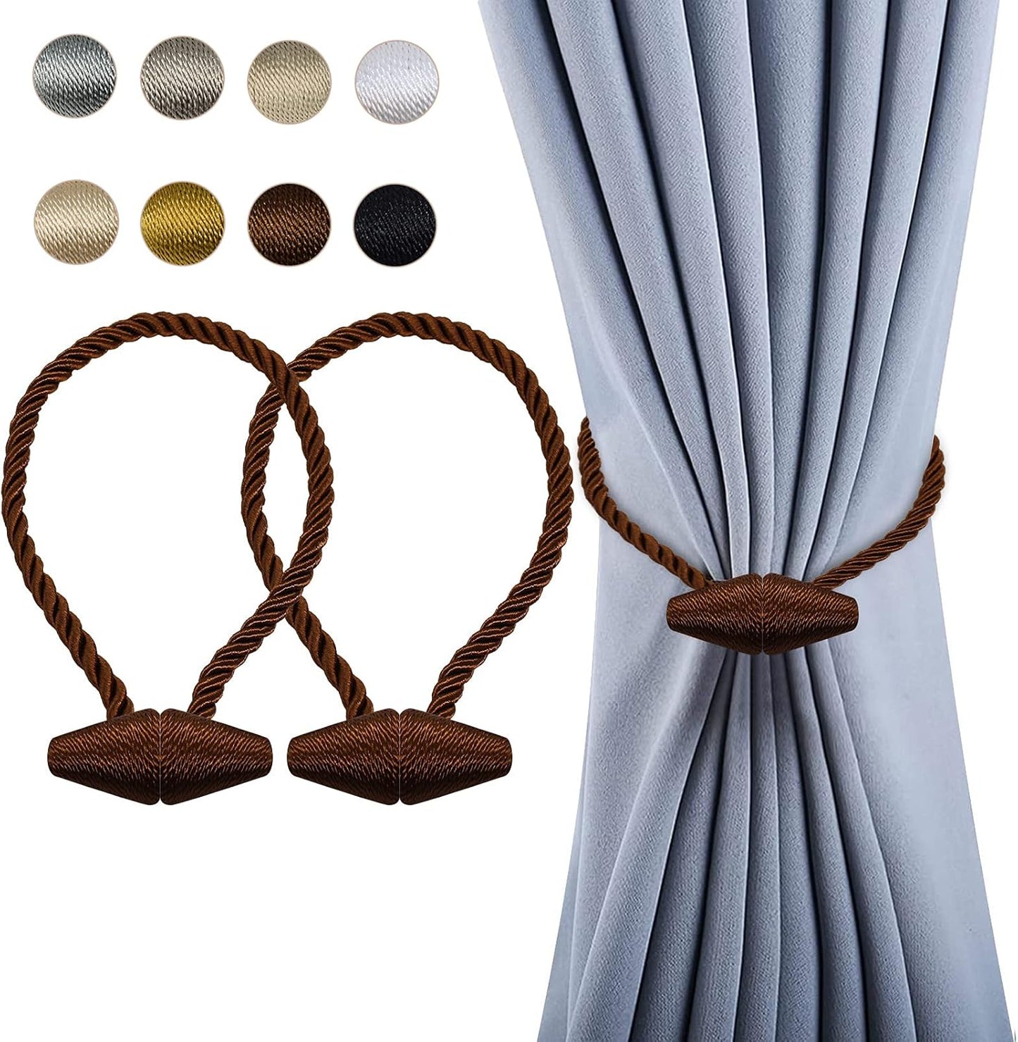 Hion Magnetic Curtain Tiebacks Dark Brown 2pcs, Curtain Tiebacks Buckles Holdbacks Holders Hooks Clip for Home Bedroom Office Decorative Curtain