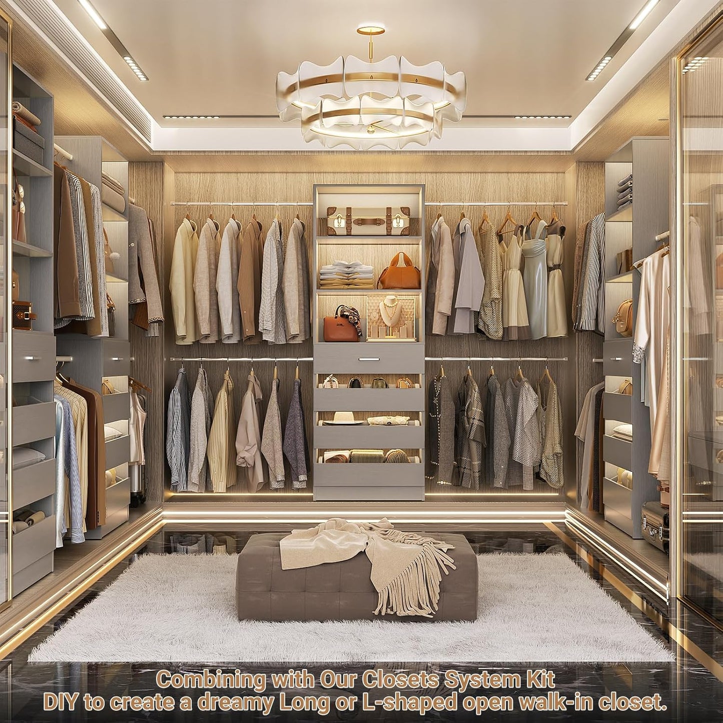 Aheaplus Closet System, 4-9Ft Closet Organizer with 4 Wooden Drawers, Wood Closet Organizer System with Tower, Walk-in Closet Organizer Wardrobe Garment Clothes Rack with 4 Hanging Rods, Grey