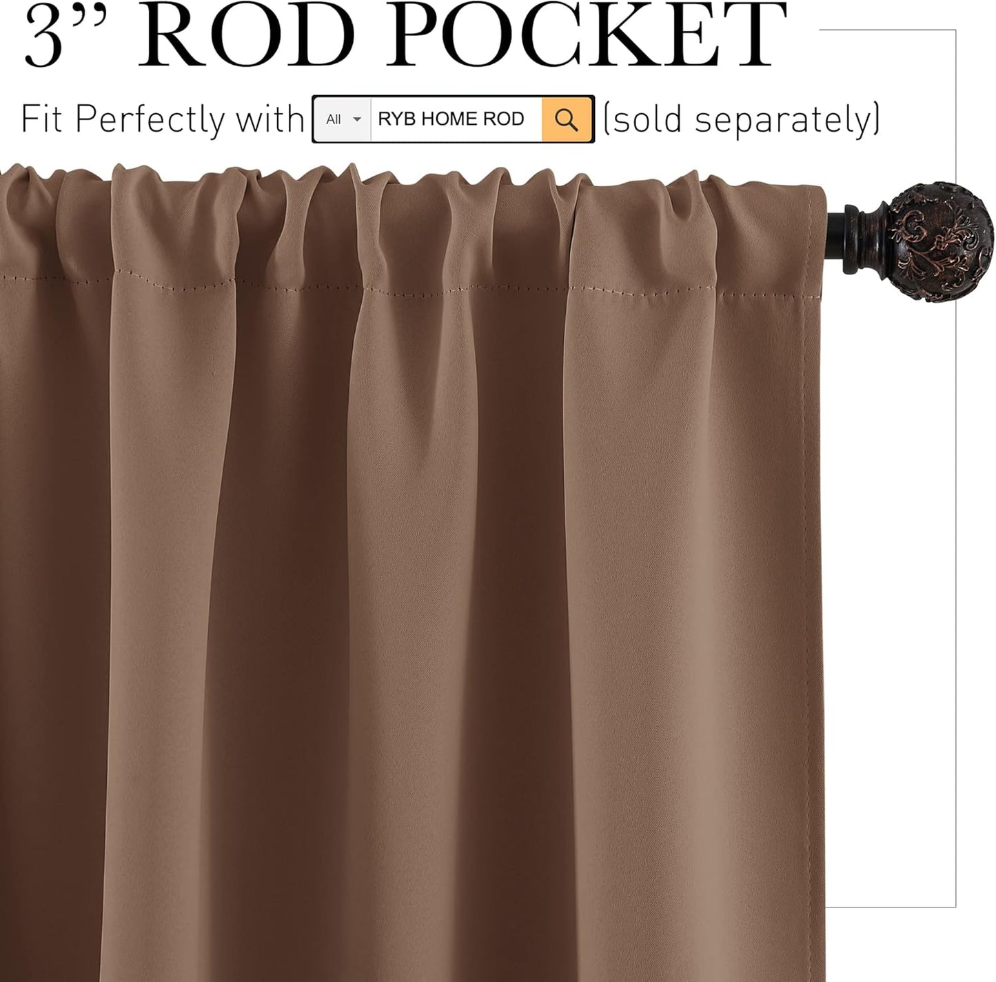 RYB HOME Short Curtains for Small Window, Energy Efficient Window Curtain Panels Room Darkening Shade Tiers Pair for Kitchen Nursery Kids Bedroom, 42 inch Width x 30 inch Length, Mocha, 2 Pcs