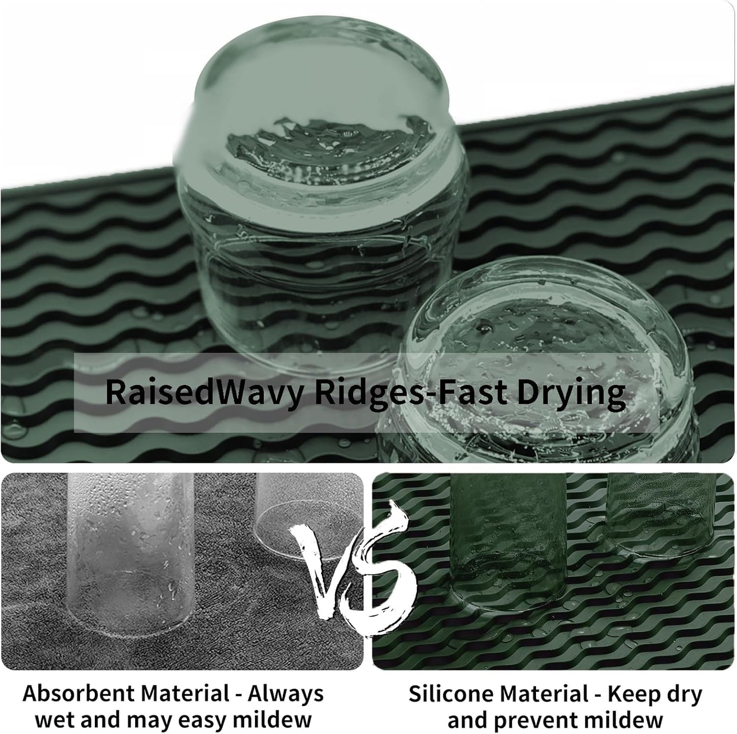 ZLR Silicone Dish Drying Mat for Kitchen Counter, Eco-Friendly Fast Dry Dish Mat, Easy Clean Multi Usage Drying Matt, Heat Resistant Trivet, 6" x 12" Extra Small, Dark Green