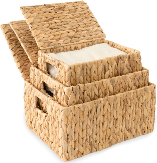 Wicker Storage Baskets with Lid, Set 3 Basket With Lid Decorative Storage Rectangle Wicker Storage Basket Large Rattan Storage Box Hyacinth Baskets