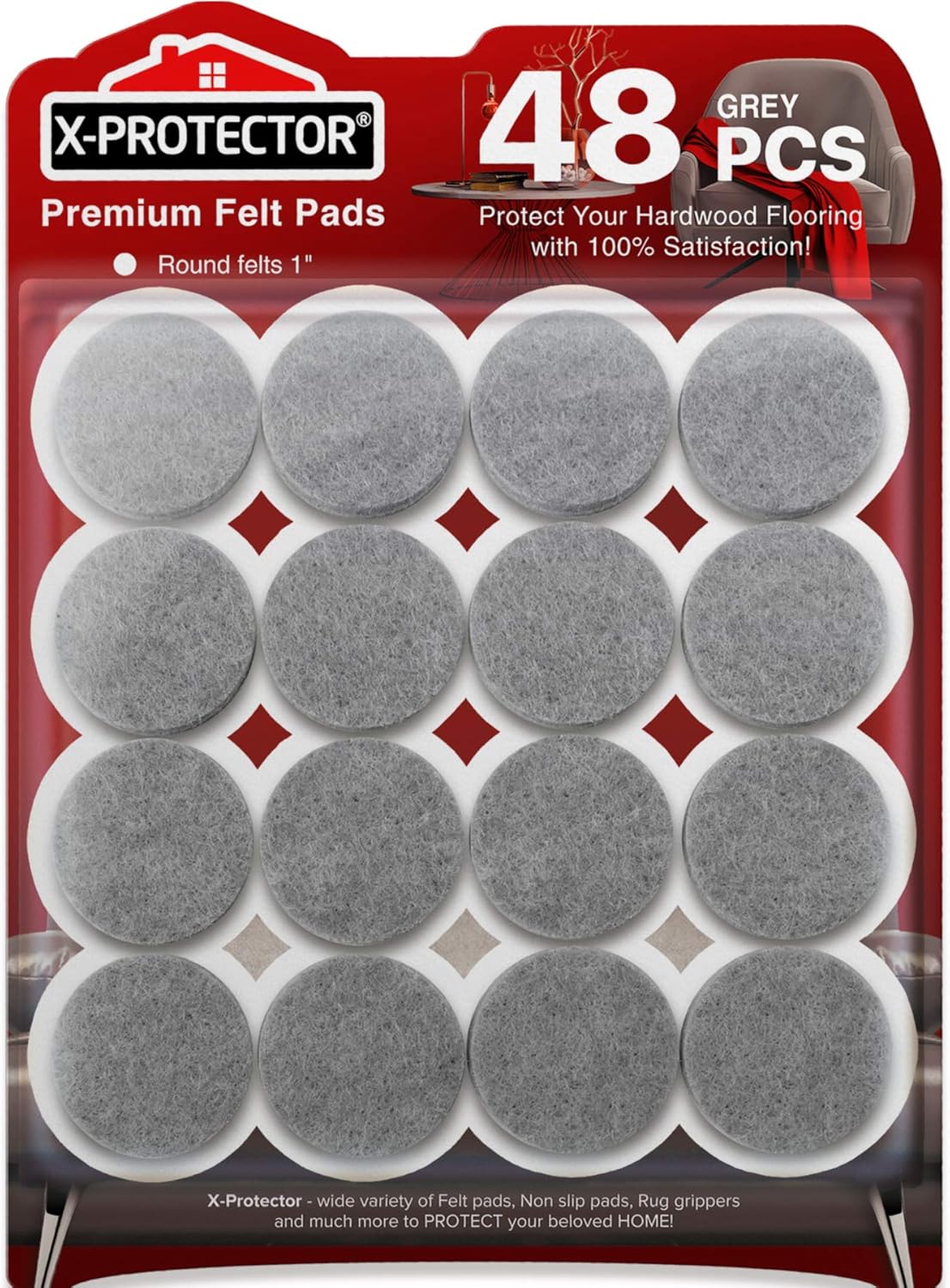 Felt Furniture Pads X-PROTECTOR - 48 Premium Felt Pads Floor Protector - Chair Felts Pads for Furniture Feet Wood Floors - Best Furniture Pads for Hardwood Floors - Protect Your Hard Floors! (Grey)