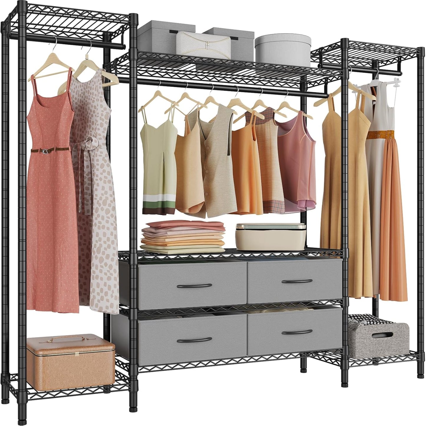 VIPEK V20 Wire Garment Rack Heavy Duty Clothes Rack, Metal Clothing Rack with 6 Shelves, 3 Hang Rods & 4 Fabric Drawers, Compact Wardrobe Closet, 56.7" L x 14.6" W x 70.9" H, Black
