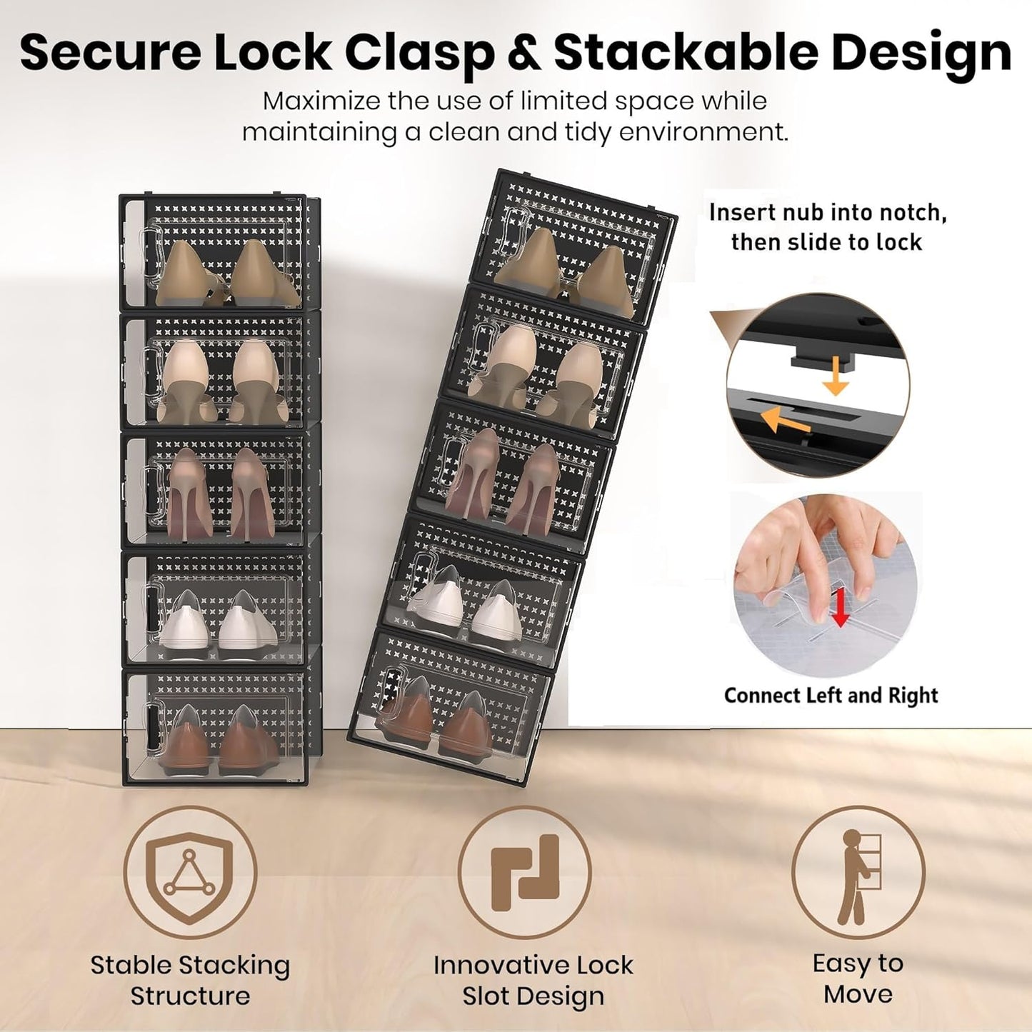 12 Pack XXX-Large Modular Clear Plastic Stackable Shoe Storage Organizer for Closet, Space Saving Versatile Sneaker Shoe Rack Containers Bins Holders, Portable Closet Organizers and Storage, Black