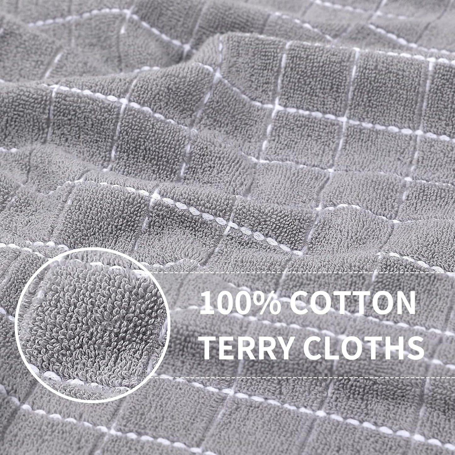 Homaxy 100% Cotton Terry Kitchen Towels(Light Grey, 13 x 28 inches), Checkered Designed, Soft and Super Absorbent Dish Towels, 12 Pack