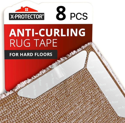 X-Protector Rug Tape - 8 Pcs Set - White Anti-Slip & Anti-Curling Carpet Tape for Hard Floors - Premium Rug Pad Gripper - Ideal Carpet Corner Grippers to Keep Your Carpet in Place & Make Corners Flat