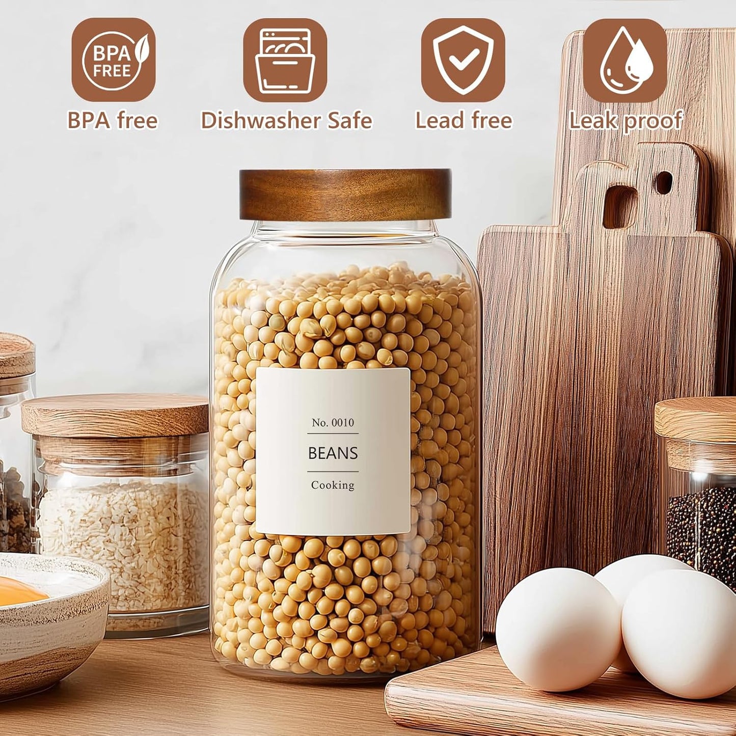 KEYWING 88oz Large Glass Jars with Airtight Acacia Wood Lids, Set of 3 Food Storage Containers for Flour, Sugar, Rice, Pasta, Cereal, Cookies – Includes 126 Labels